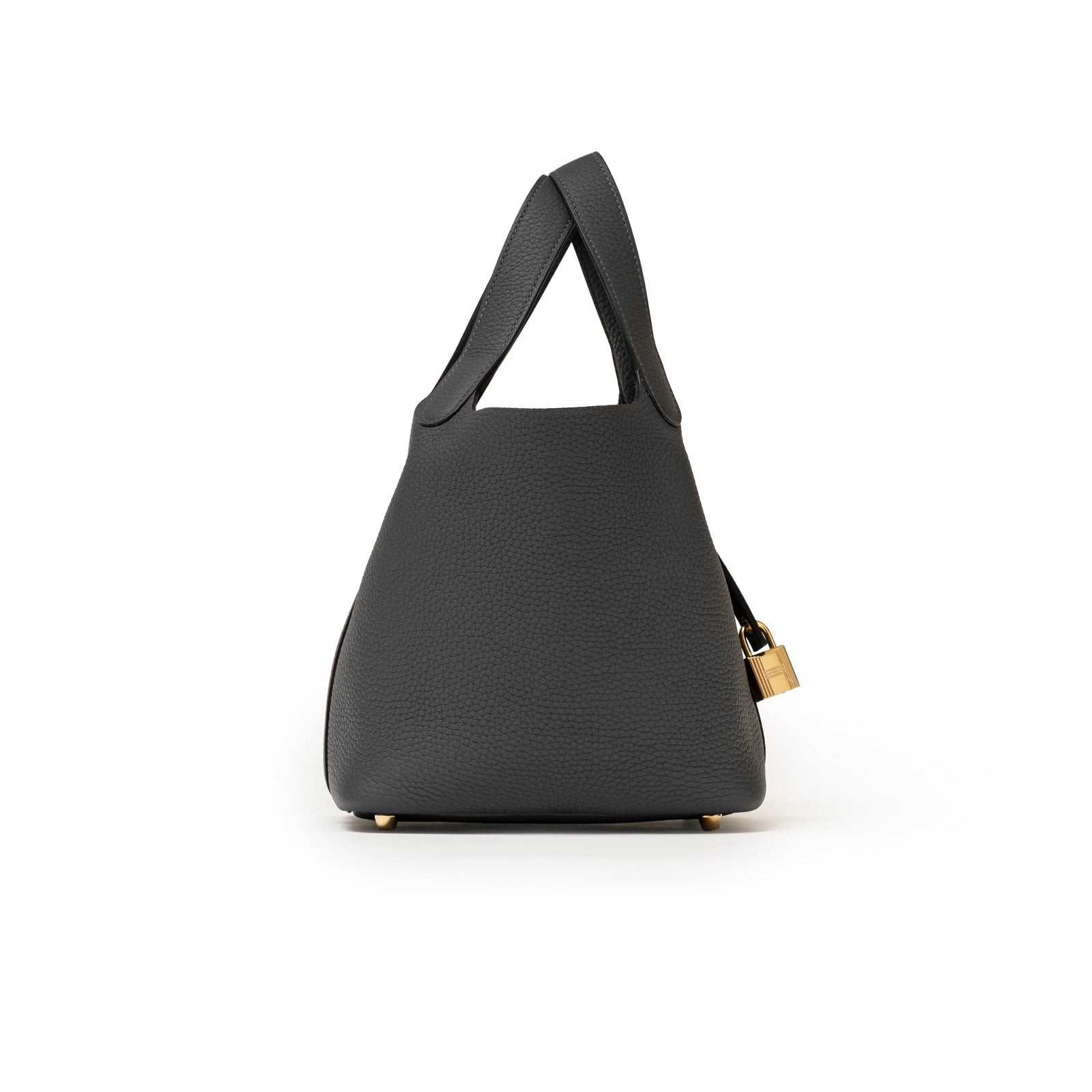 Side view of Hermès Picotin 18 Gris Misty Clemence Permabrass Hardware with pebbled leather texture visible