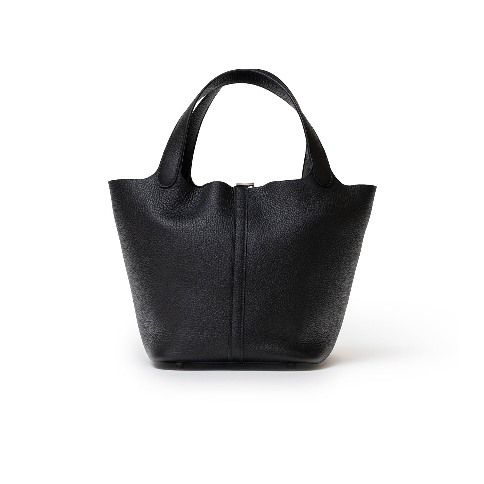 Front view of Hermès Picotin 22 Black Clemence Palladium Hardware tote bag showing textured leather and sturdy handles