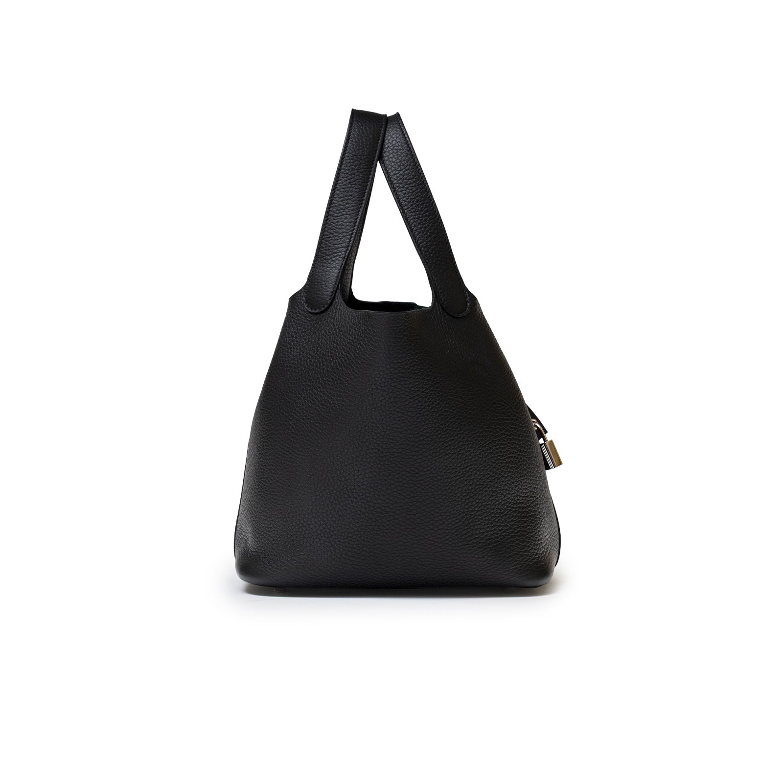 Front view of Hermès Picotin 22 Black Clemence Palladium Hardware handbag showing its minimalist silhouette and textured leather