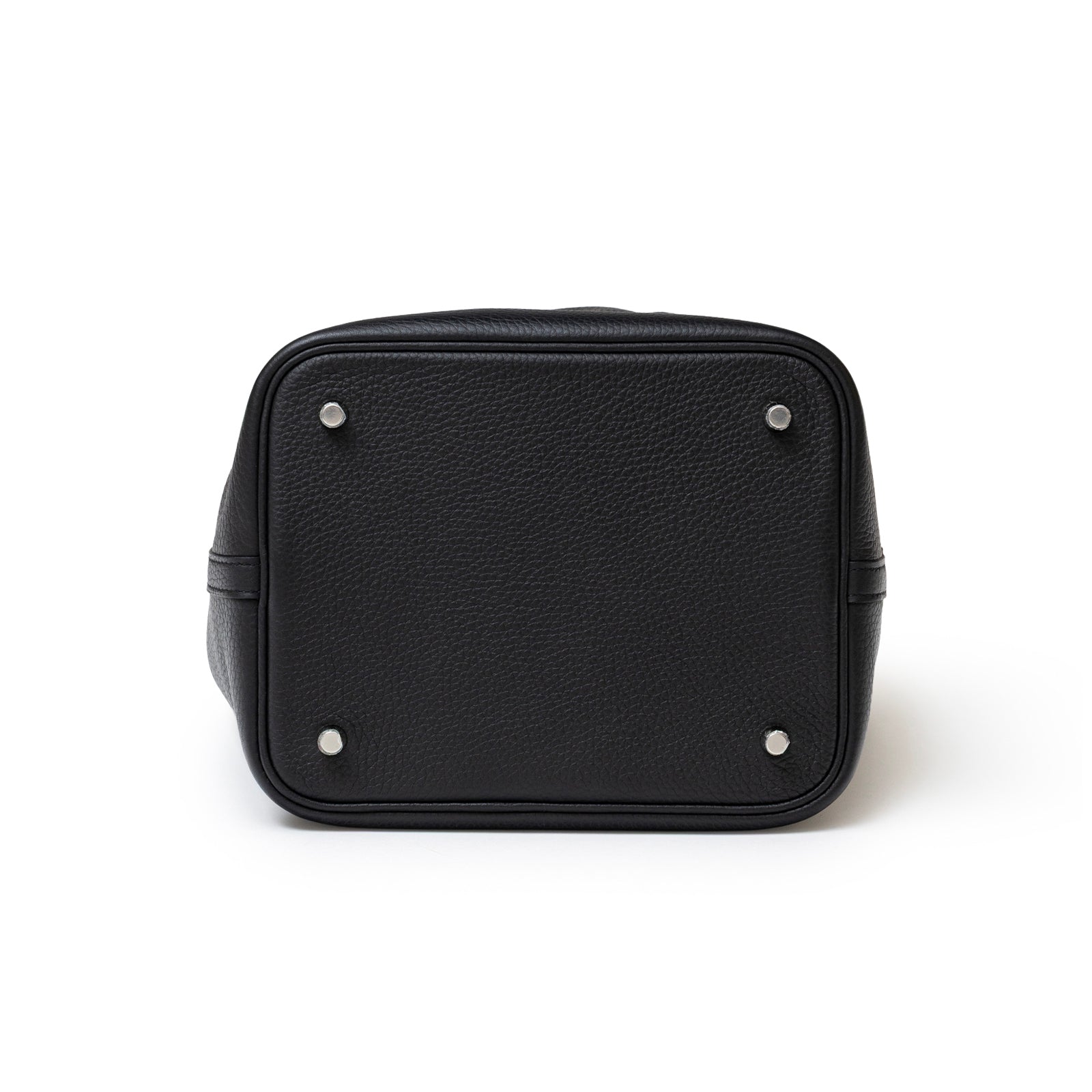 Bottom view of Hermès Picotin 22 Black Clemence Palladium Hardware showing protective feet and leather texture