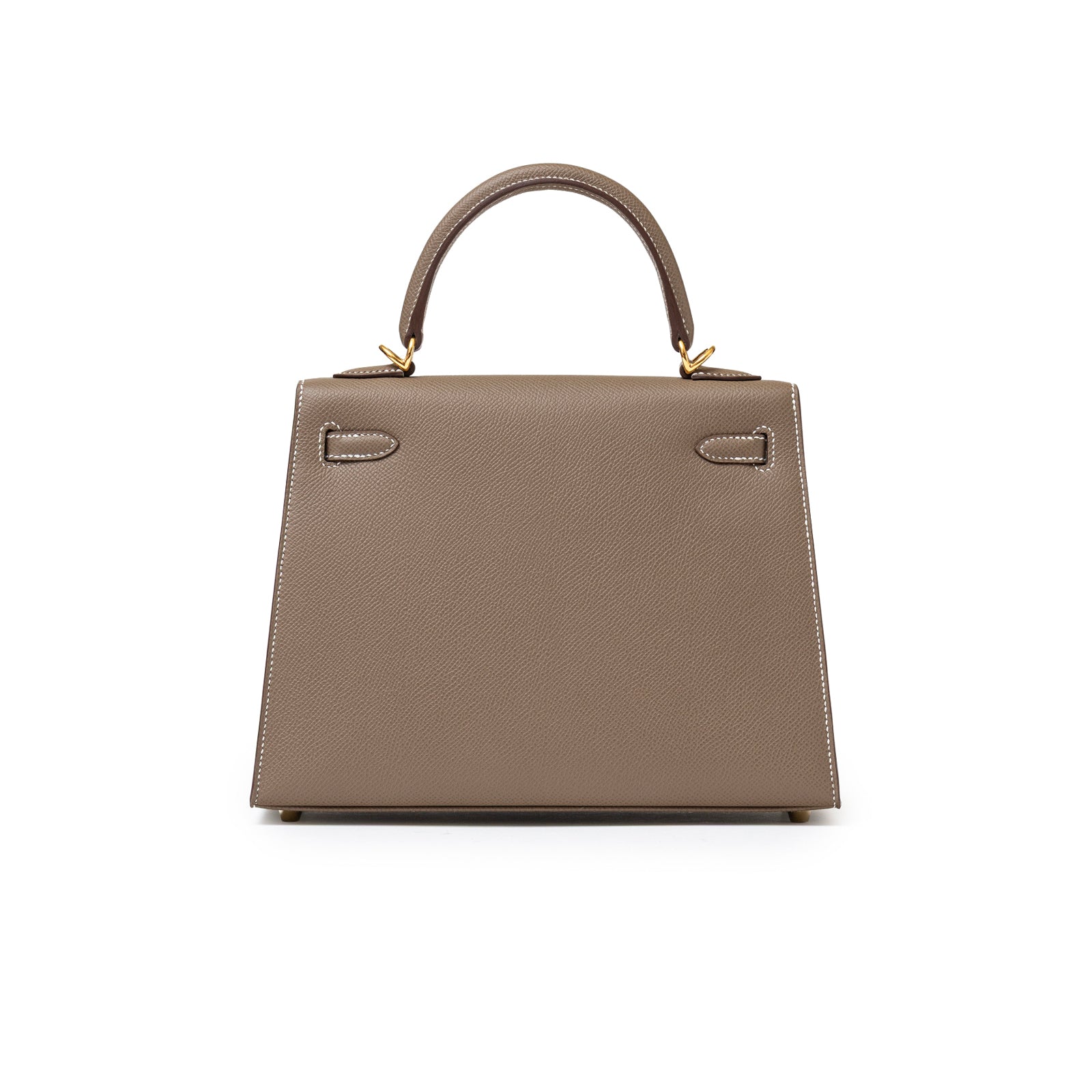 Back view of Hermès Kelly 25 Sellier Etoupe Epsom Gold Hardware showing structured taupe leather and handle