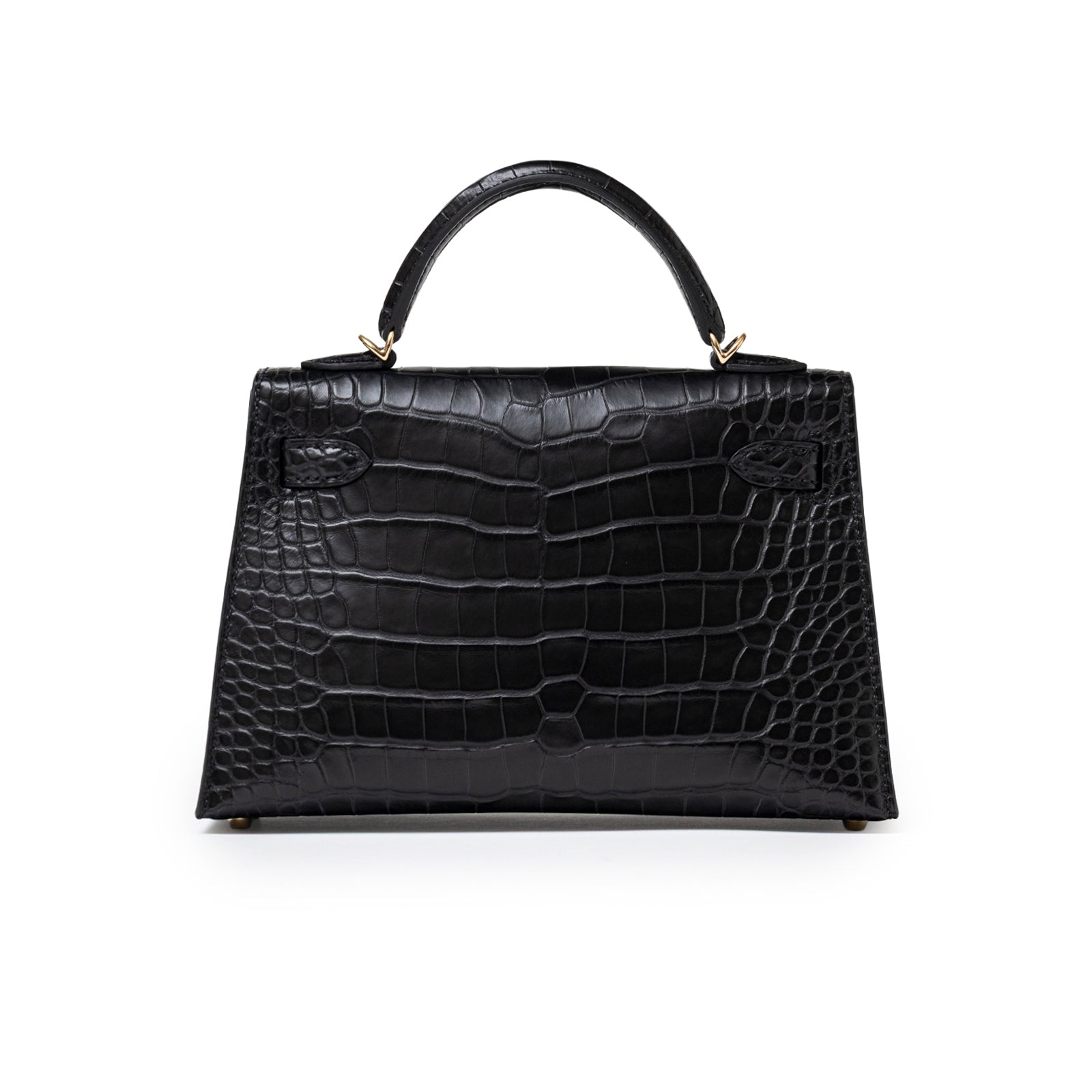 Front view of Hermès Horseshoe Mini Kelly II Black/Blue Matte Alligator Permabrass Hardware handbag showing textured leather and top handle