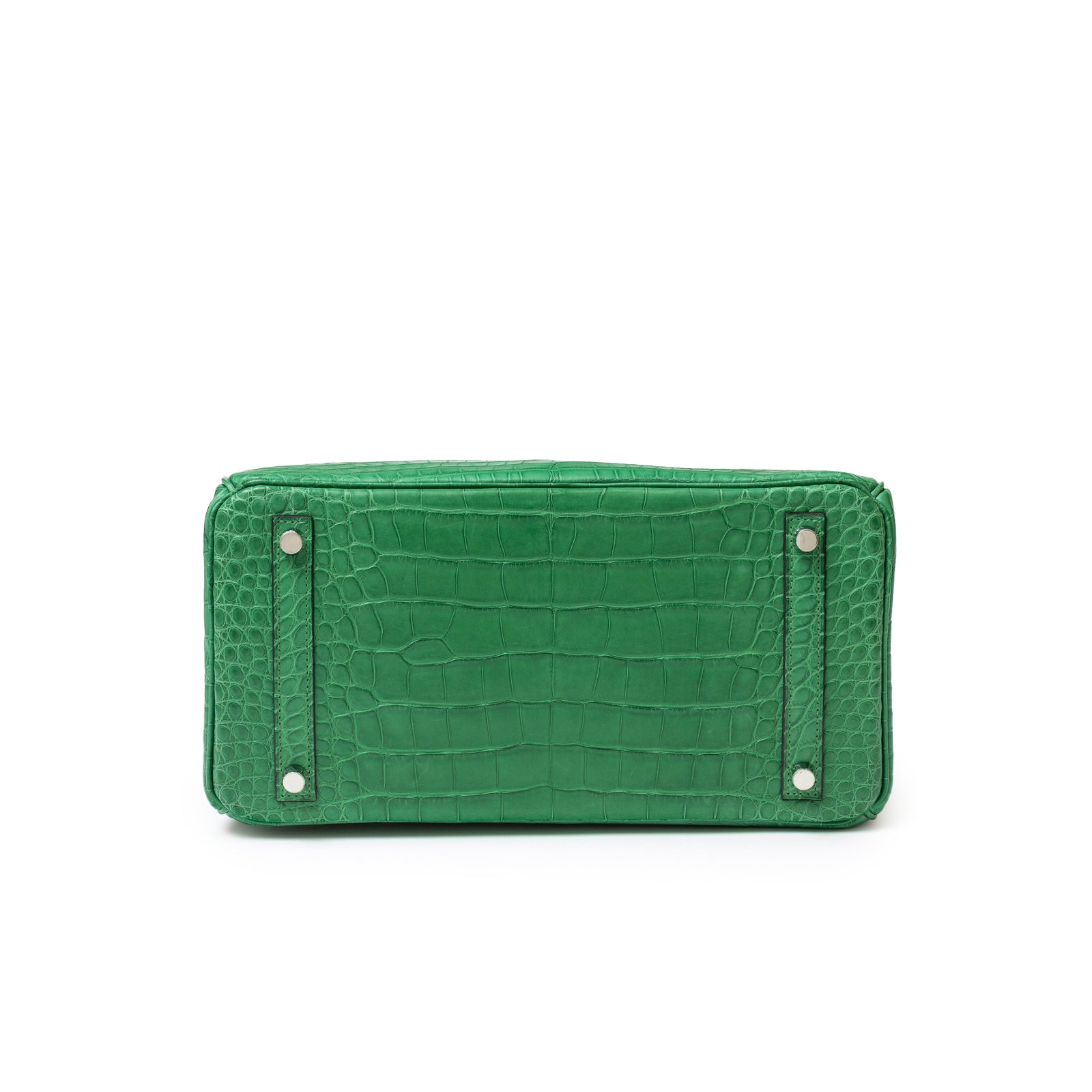 Bottom view of Hermès Birkin 30 Touch Cactus/Naturel-Sable Matte Alligator Palladium Hardware showing green alligator texture and metal feet