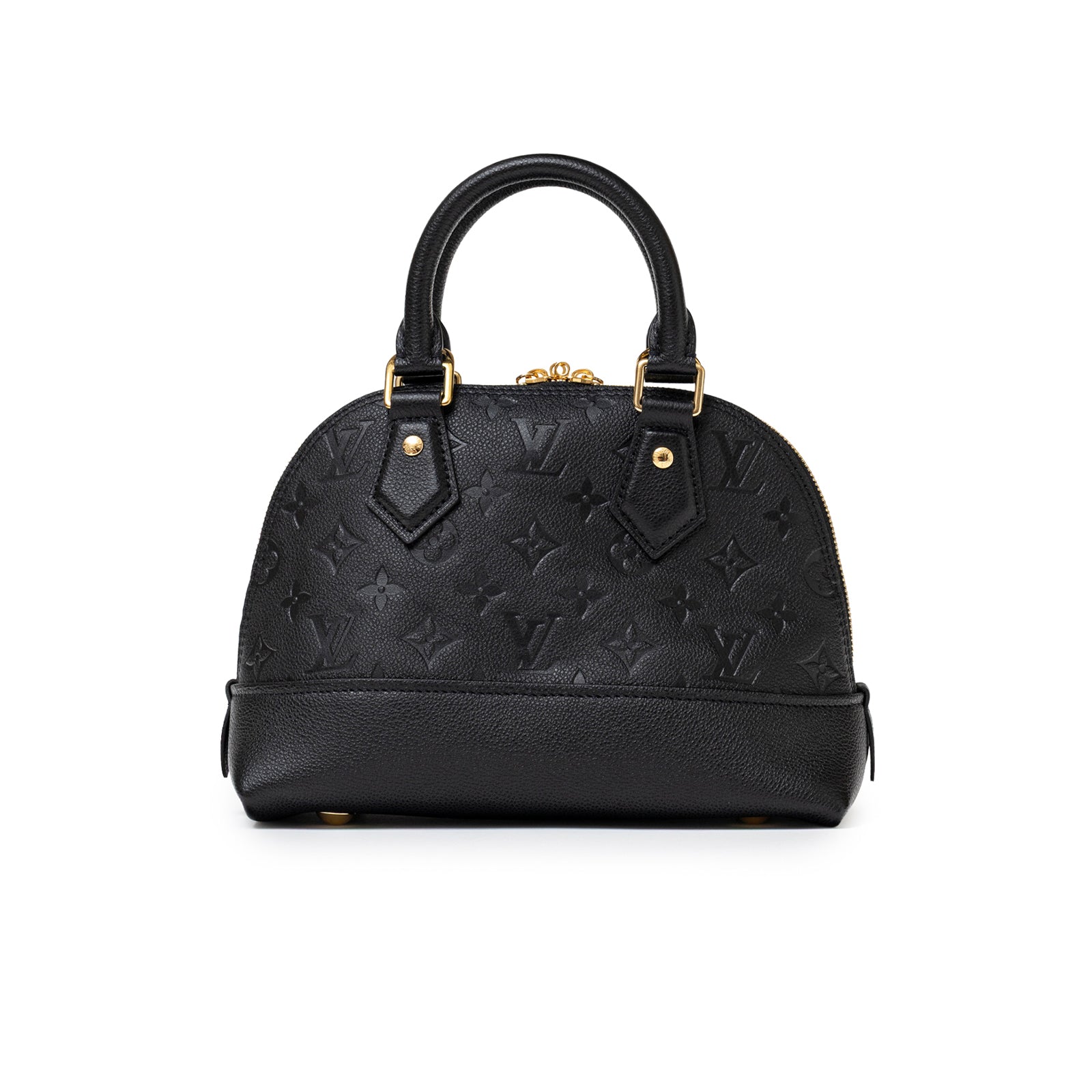 Front view of Louis Vuitton Neo Alma BB Monogram Empreinte Black Gold hardware in black leather with embossed logo pattern