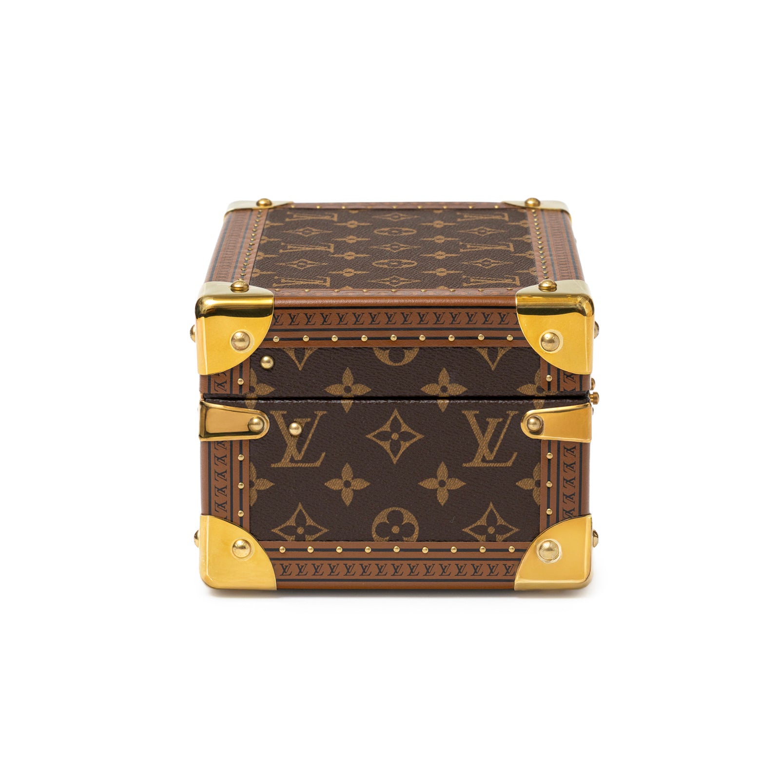 Side view of Louis Vuitton Coffret Trésor 24 Monogram Pink Gold Hardware with its signature canvas and corner protectors