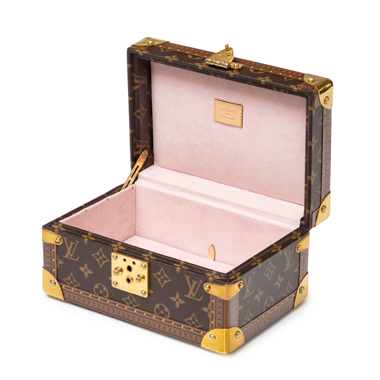 Open angled view of Louis Vuitton Coffret Trésor 24 Monogram/Pink Gold Hardware with pink interior lining and gold accents
