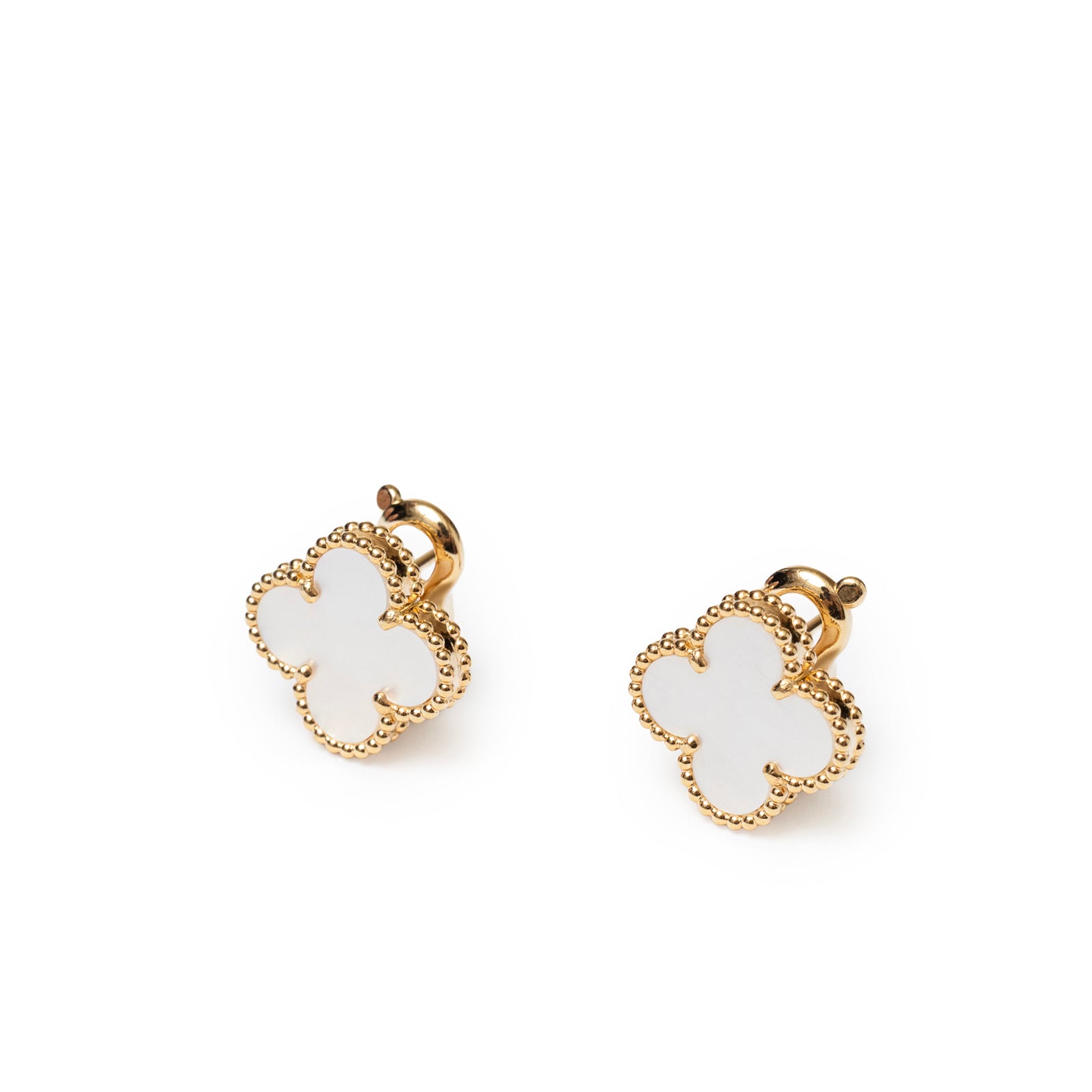 Front angled view of Van Cleef & Arpels Vintage Alhambra Earrings 18K Yellow Gold White Mother-of-pearl detailing