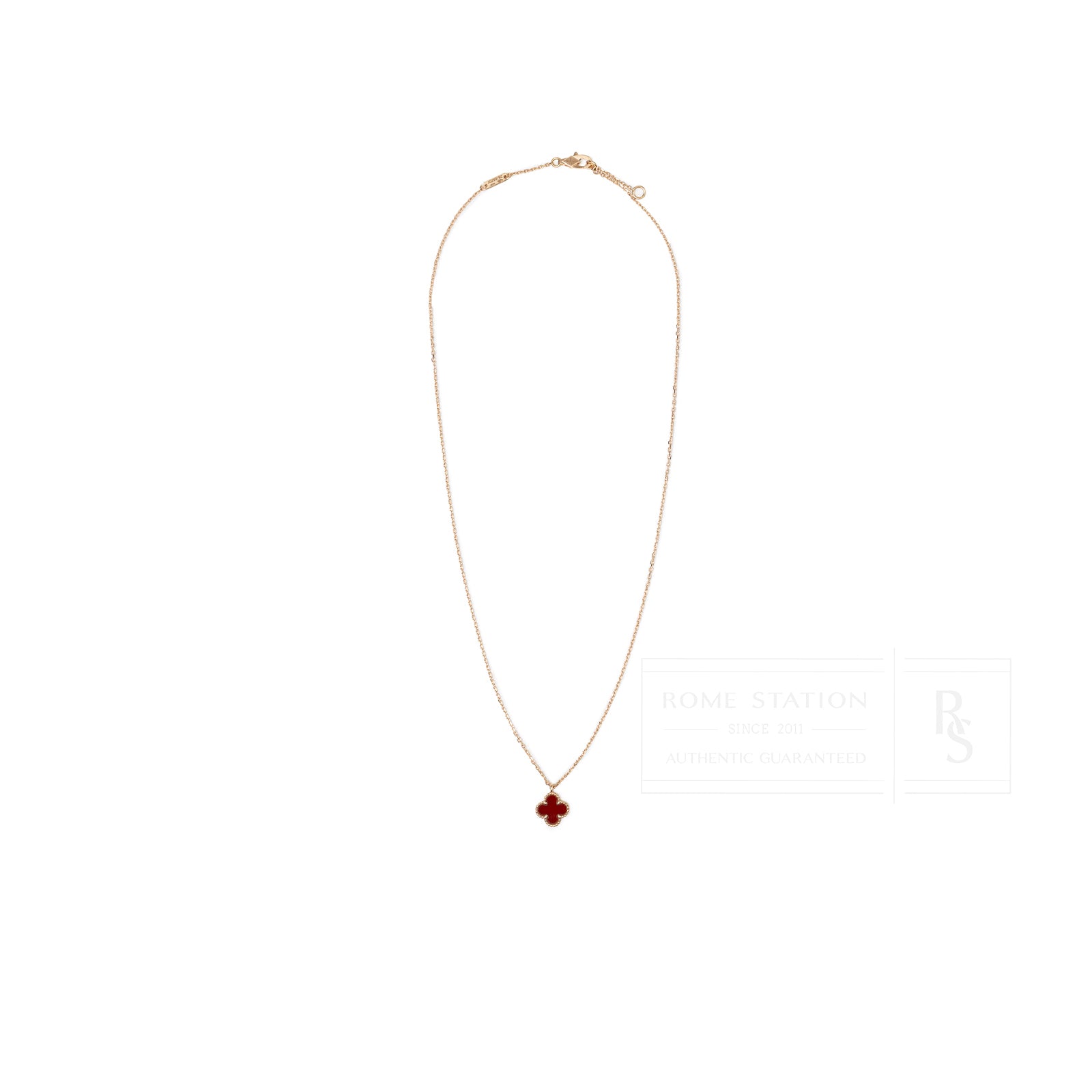 Front view of Van Cleef & Arpels Sweet Alhambra Pendant 18K Rose Gold with carnelian stone on chain