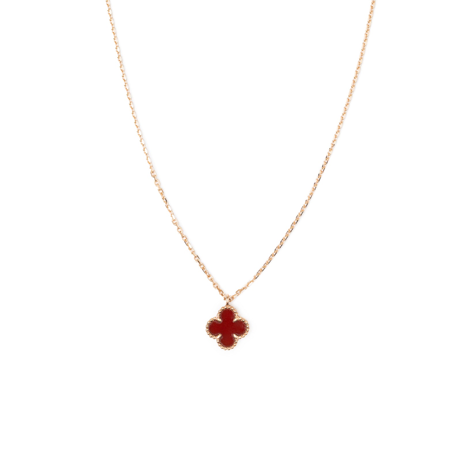Front view of Van Cleef & Arpels Sweet Alhambra Pendant 18K Rose Gold with carnelian stone center