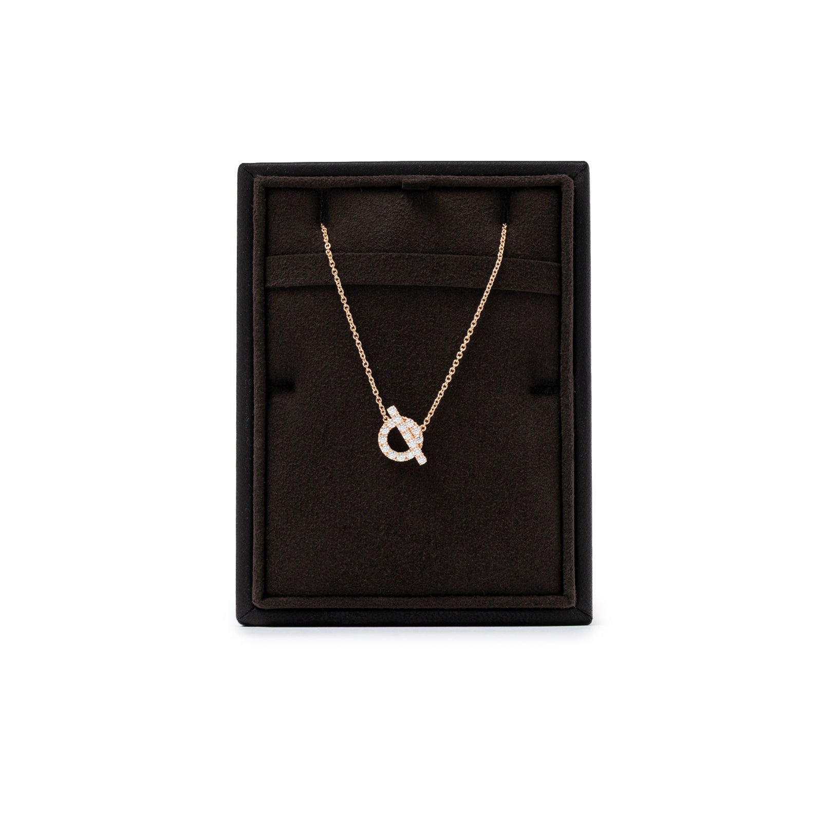 Front view of Hermès Finesse Pendant Rose Gold Au750 with diamond motif displayed in box