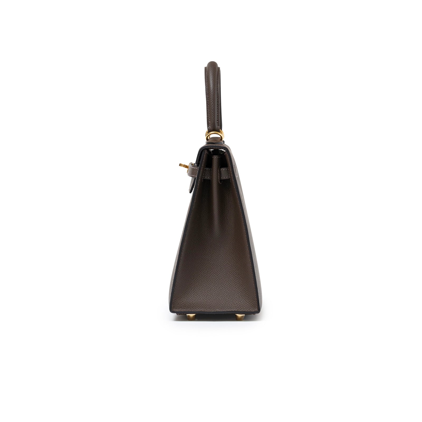 Side view of Hermès Kelly 25 Sellier Ecore Epsom Gold Hardware bag in dark brown leather with structured shape