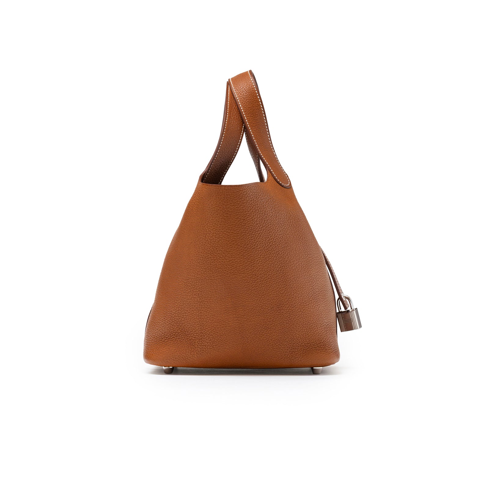 Hermès Picotin 18 Fauve Barenia Faubourg Palladium Hardware side view with padlock