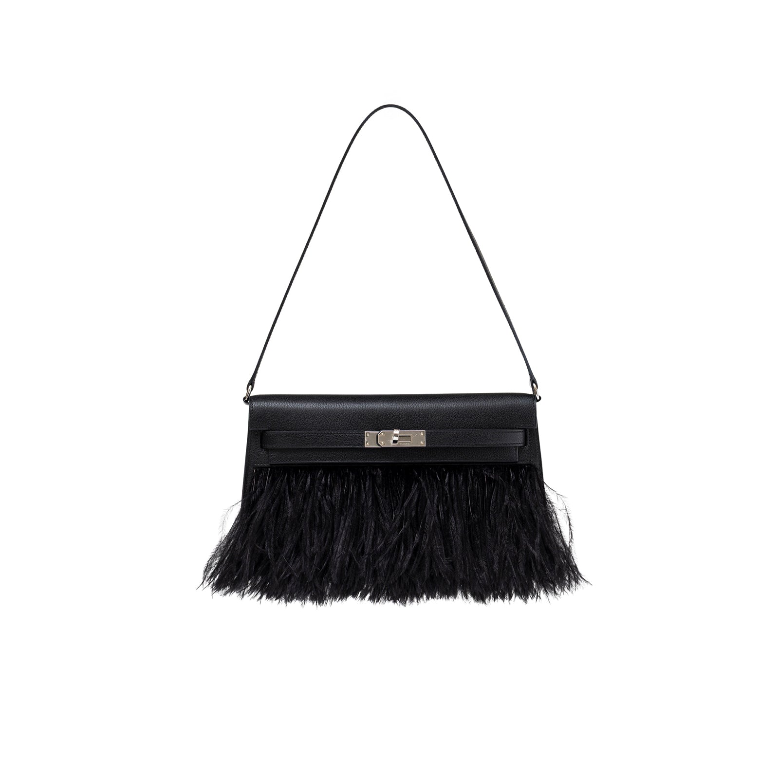 Hermès Kelly Elan Black Chevre Chamkila and Ostrich Feather Palladium Hardware with shoudler strap