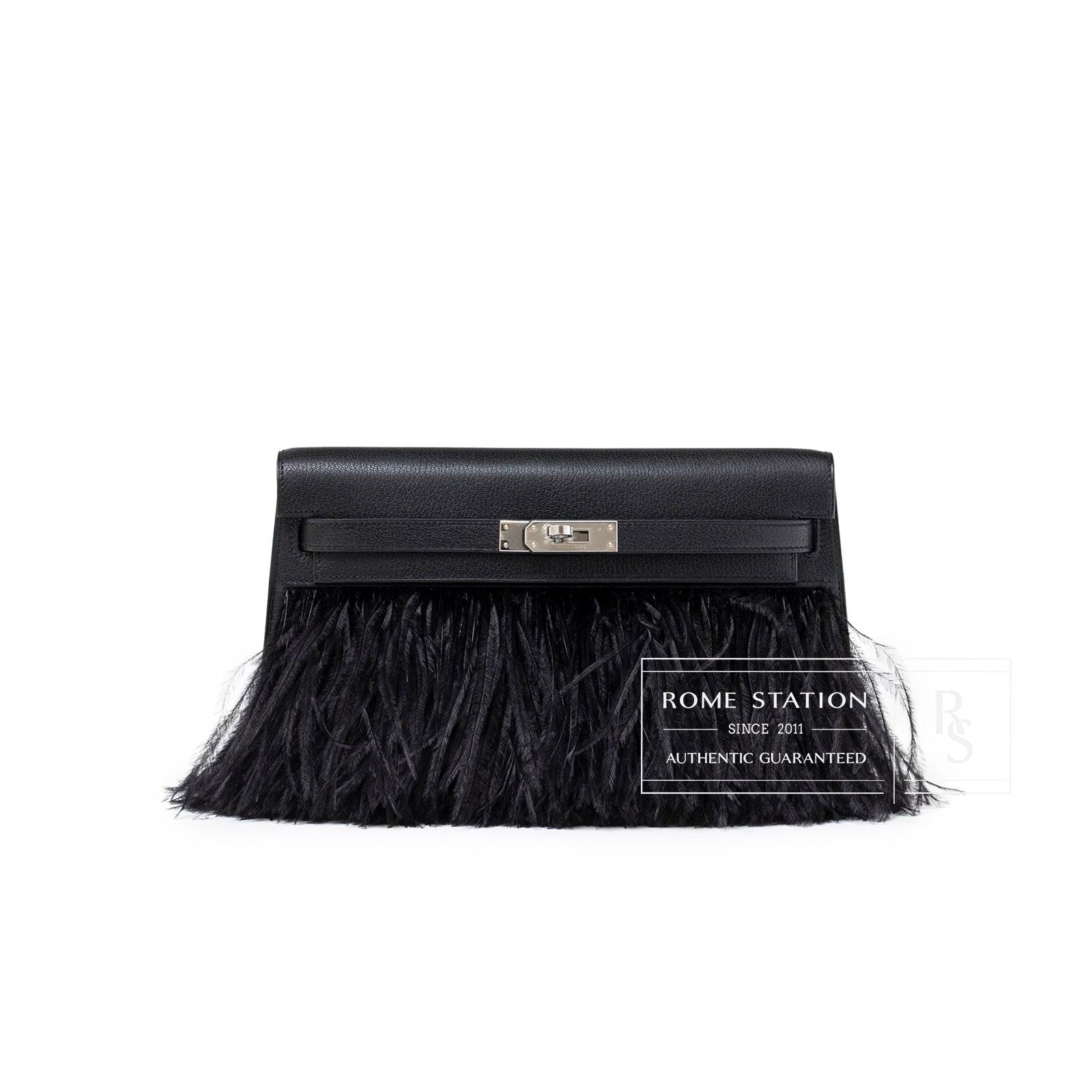 Front view of Hermès Kelly Elan Black Chevre Chamkila and Ostrich Feather Palladium Hardware clutch bag