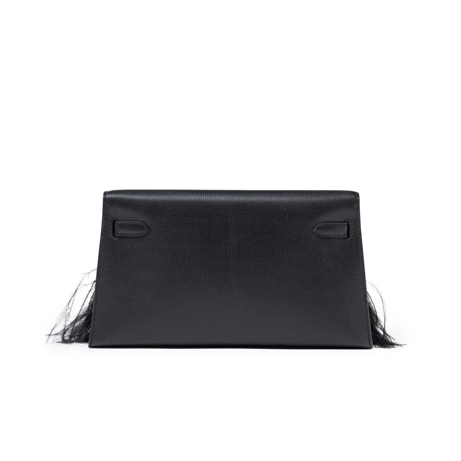Back view of Hermès Kelly Elan Black Chevre Chamkila and Ostrich Feather Palladium Hardware bag showing sleek leather surface and feather details
