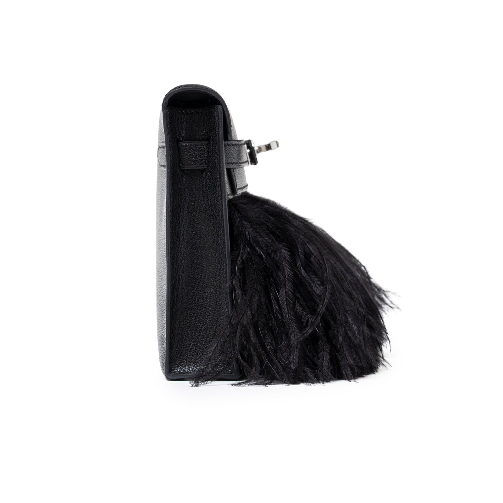 Side view of Hermès Kelly Elan Black Chevre Chamkila and Ostrich Feather Palladium Hardware