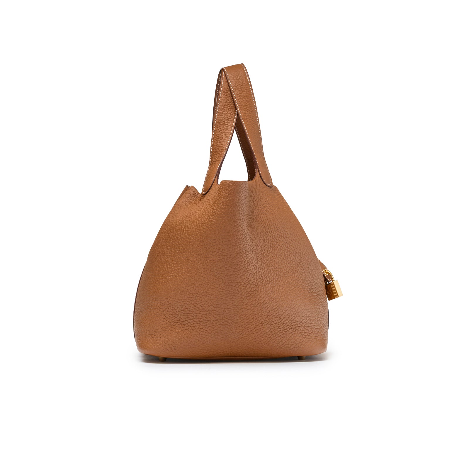 Side view of Hermès Picotin 22 Gold Clemence Gold Hardware in tan leather with visible padlock detail