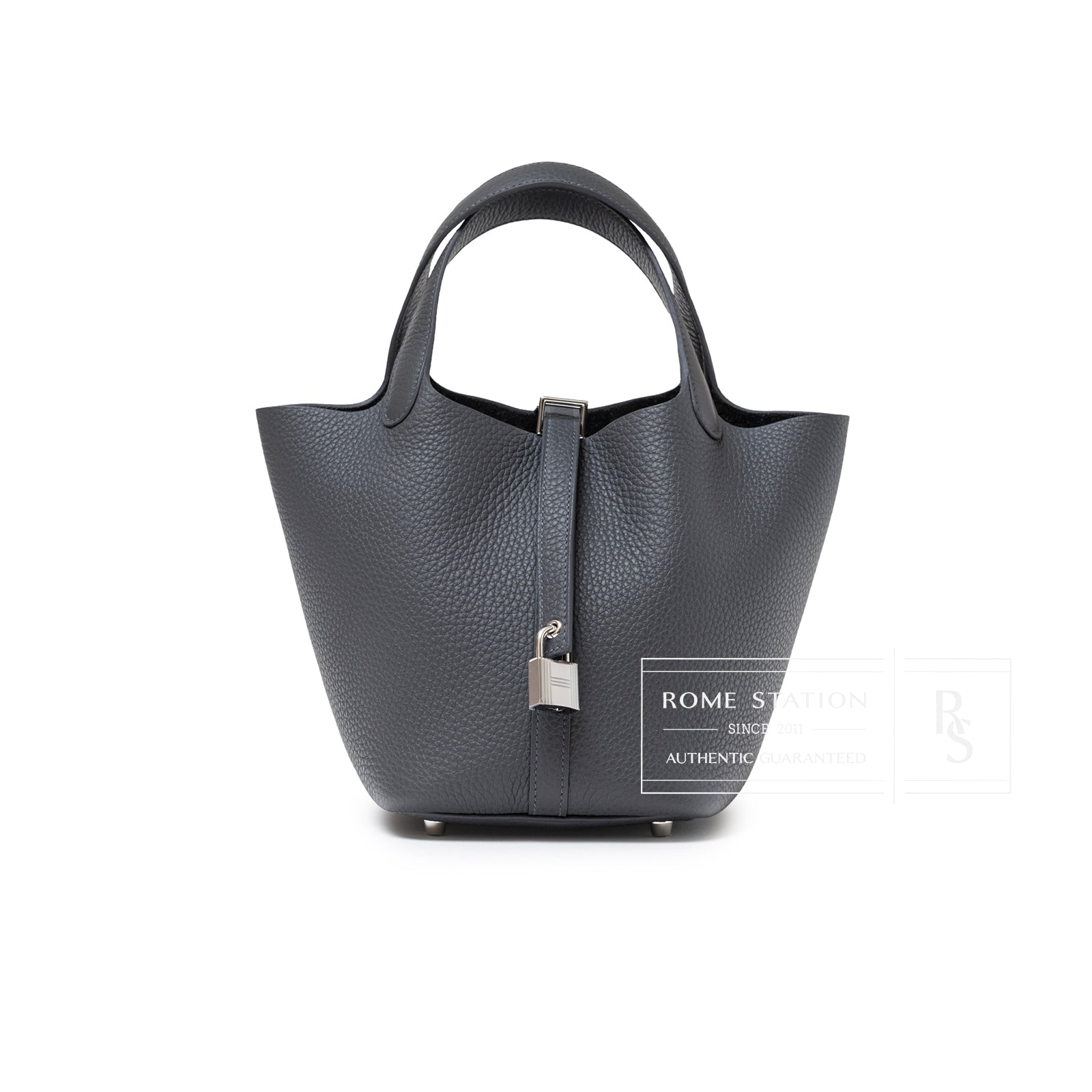 Front view of Hermès Picotin 18 Ardosie Clemence Palladium Hardware handbag in textured leather with lock detail