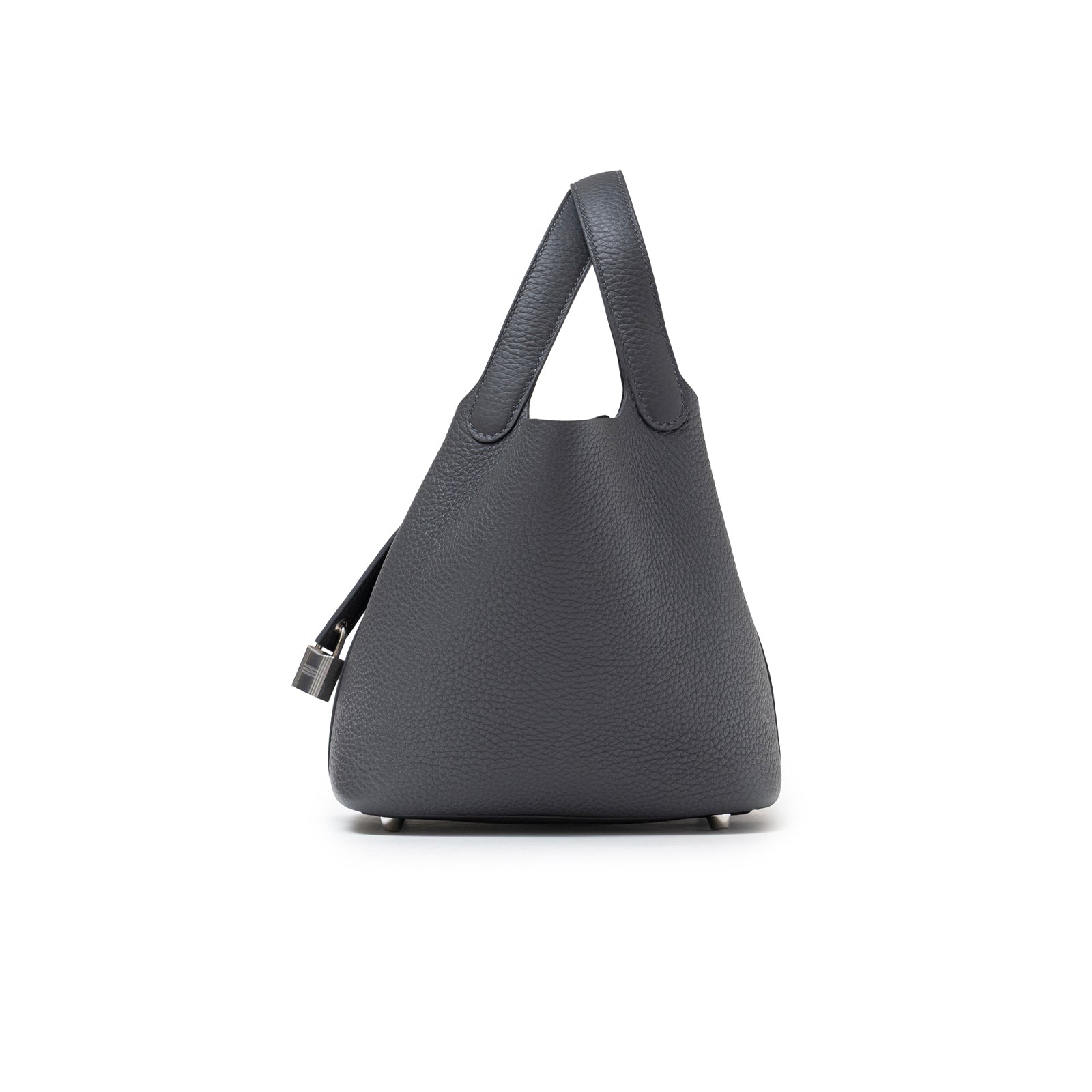 Side view of Hermès Picotin 18 Ardosie Clemence Palladium Hardware showing textured leather and handle shape