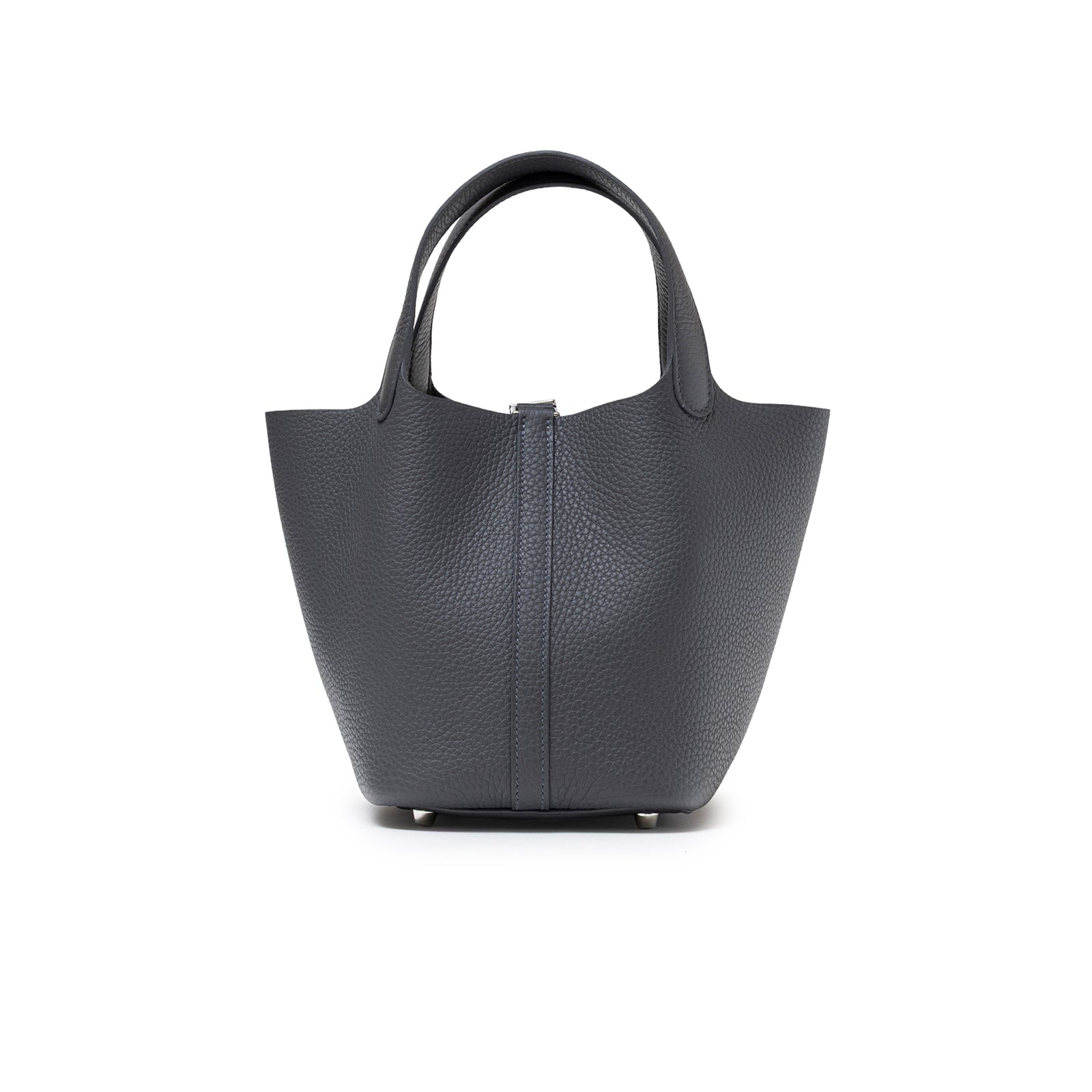 Back view of Hermès Picotin 18 Ardosie Clemence Palladium Hardware bag showing textured leather and structured shape