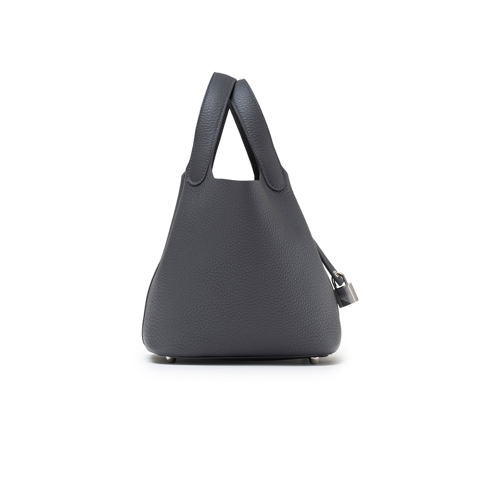 Side view of Hermès Picotin 18 Ardosie Clemence Palladium Hardware handbag showing handle and texture