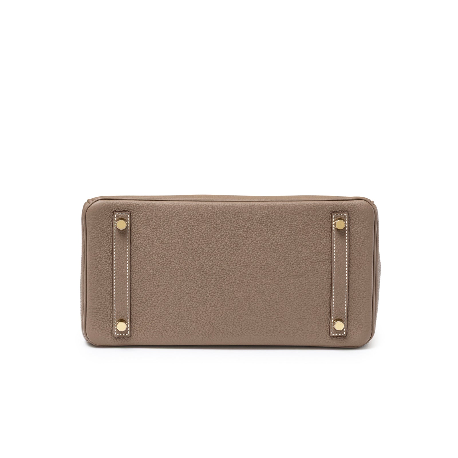 Bottom view of Hermès Birkin 30 Etoupe Togo Gold Hardware showing textured leather and gold studs
