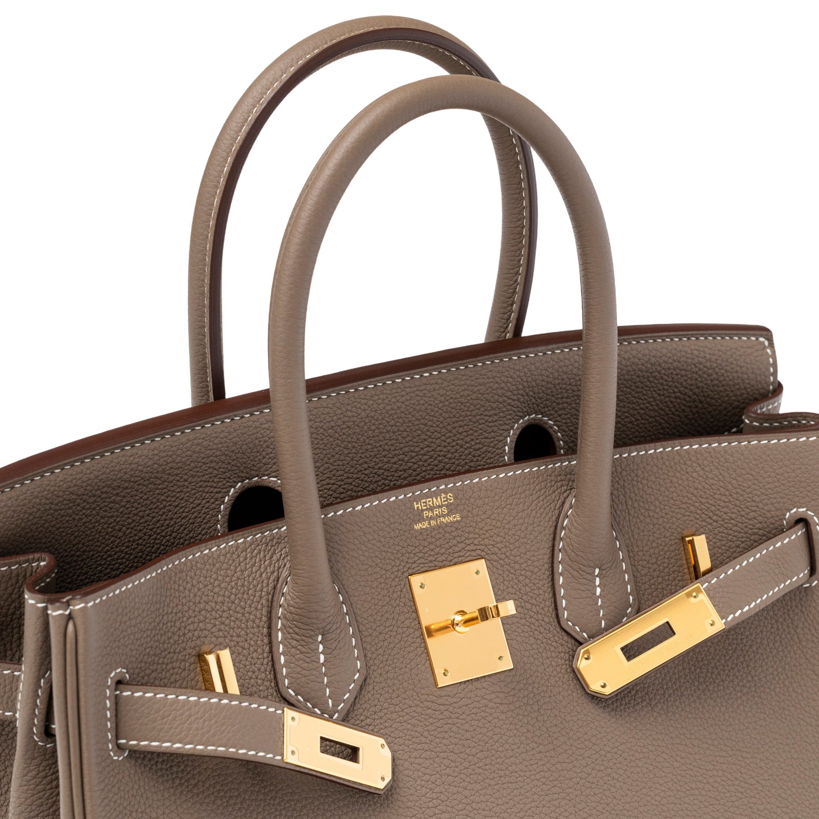 Close-up front view of Hermès Birkin 30 Etoupe Togo Gold Hardware showing leather texture and gold lock details