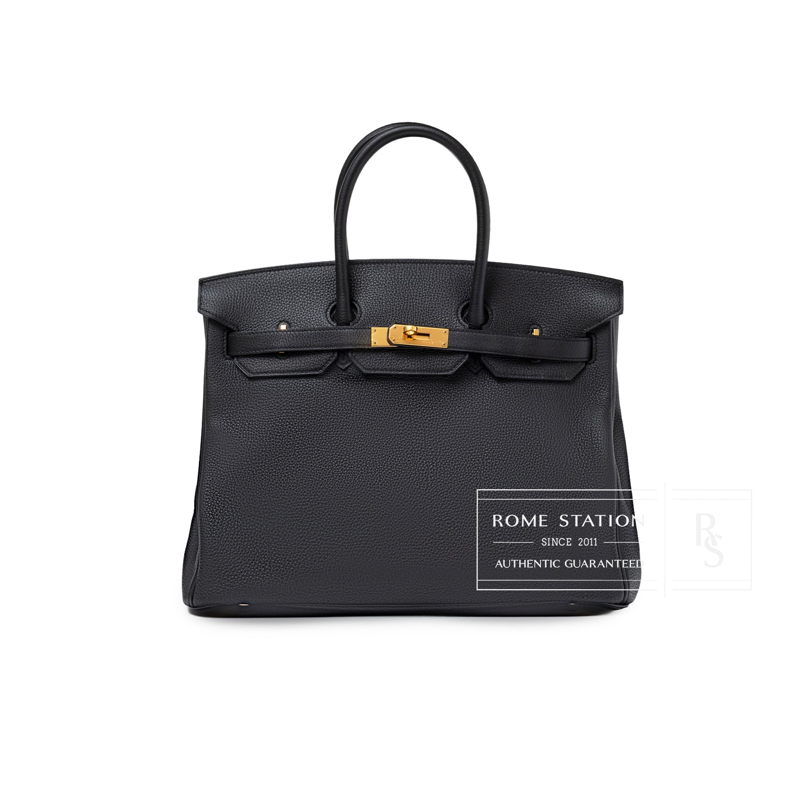 Front view of Hermès Birkin 35 Black Togo Gold Hardware handbag showing leather texture and gold clasp detail