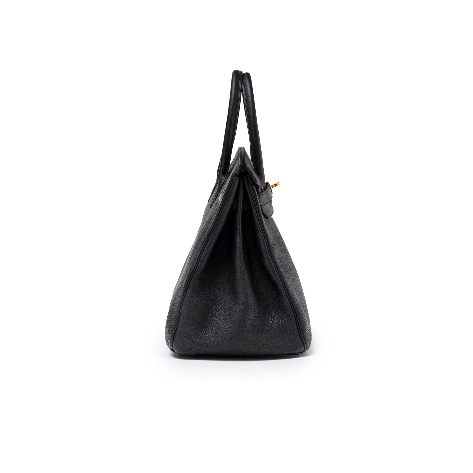 Side view of Hermès Birkin 35 Black Togo Gold Hardware showcasing textured leather and structured silhouette