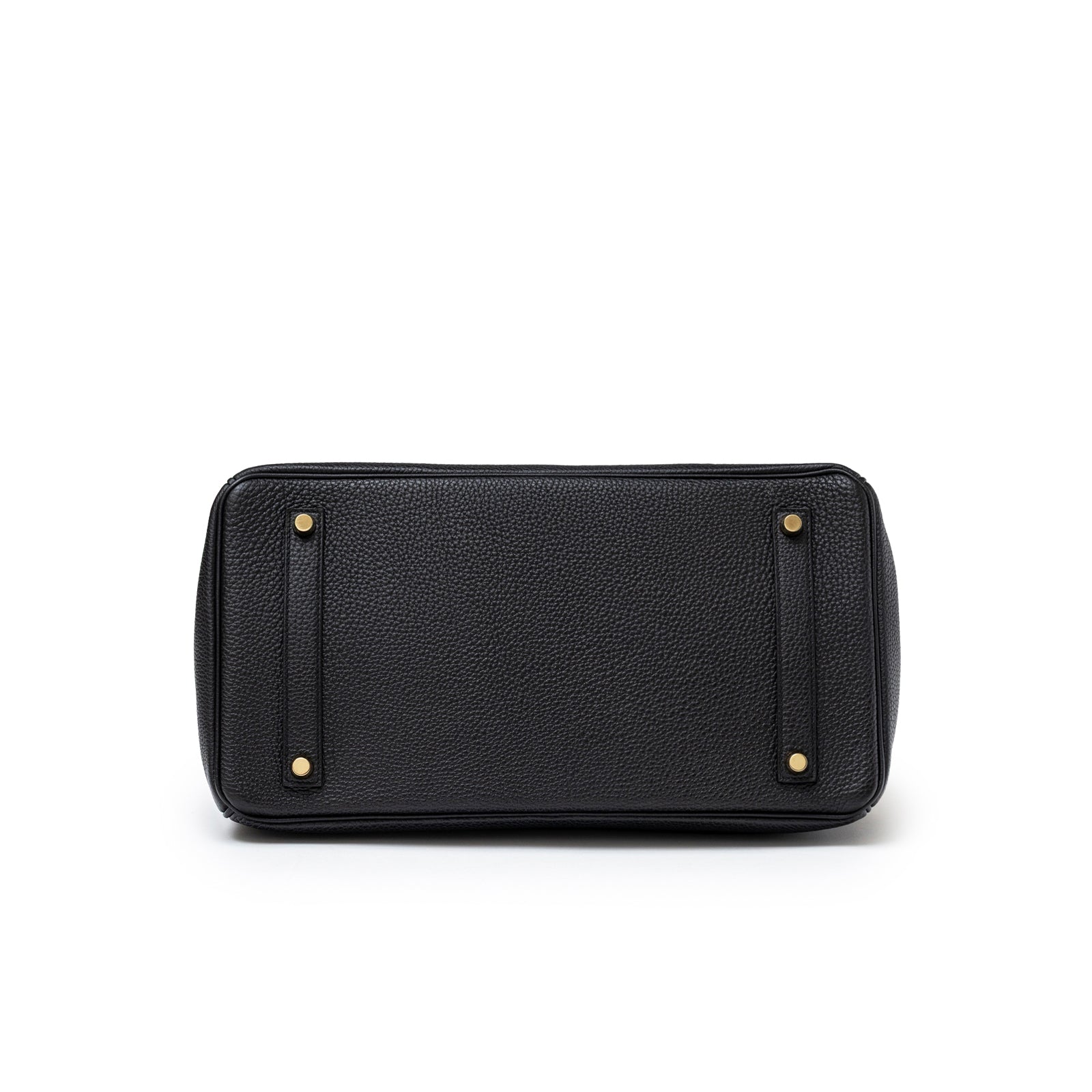 Bottom view of Hermès Birkin 35 Black Togo Gold Hardware showing pebbled leather and gold studs details