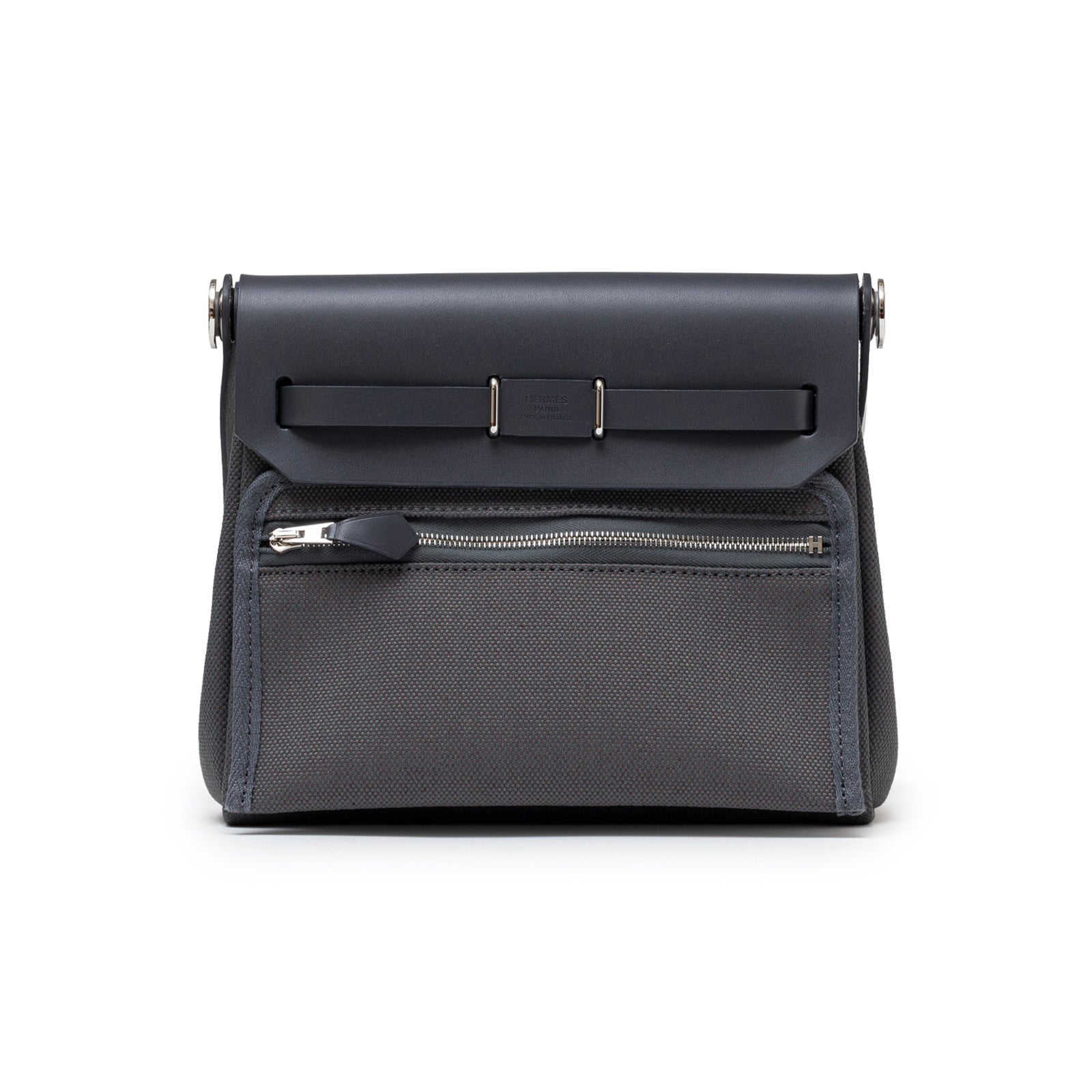 Front view of Hermès Mini Herbag Zip 20 Ardoise Toile and Vache Hunter Palladium Hardware showing zippered pocket and smooth leather trim