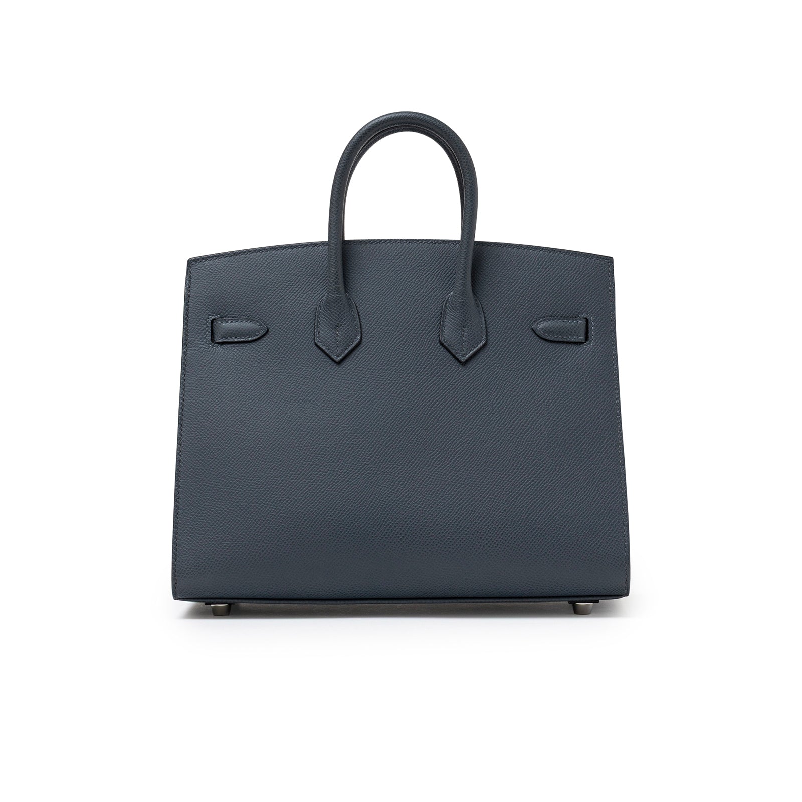 Front view of Hermès Birkin Sellier 25 Gris Misty Epsom Palladium Hardware showing smooth leather texture and handles