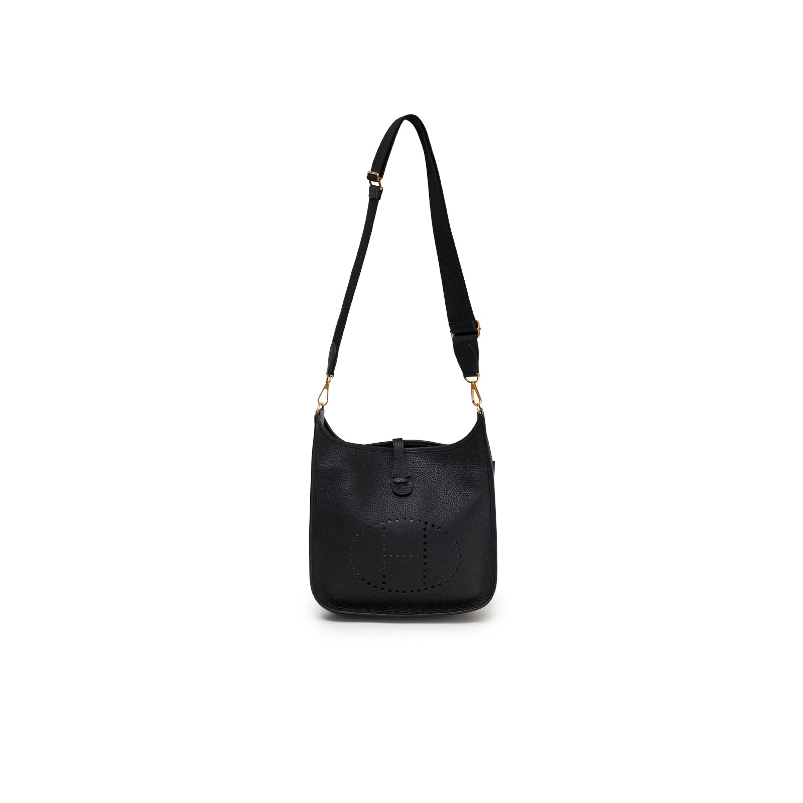 Front view of Hermès Evelyne PM 29 Black Clemence Gold Hardware with adjustable shoulder strap visible