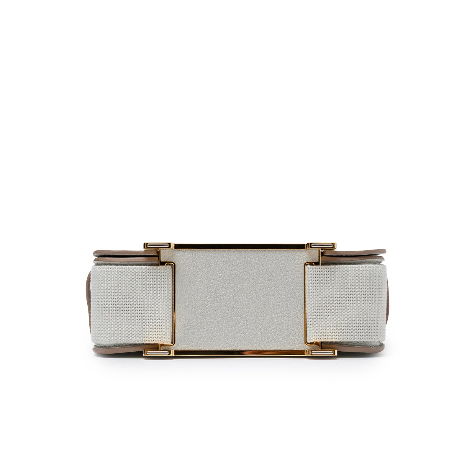 Bottom view of Hermès Geta Gris Perle Chevre Mysore Gold Hardware showing gold hardware and textured strap detail
