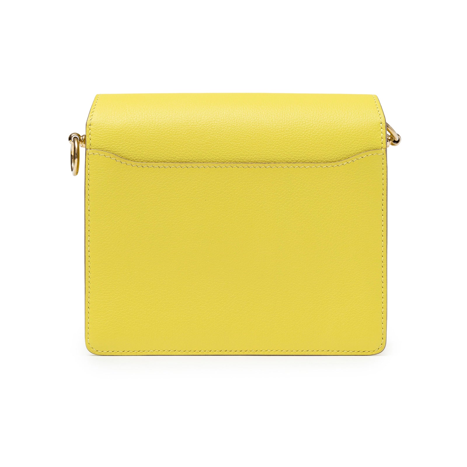 Back view of Hermès Mini Roulis Lime Evercolor Permabrass Hardware showing smooth lime leather and gold tone hardware details