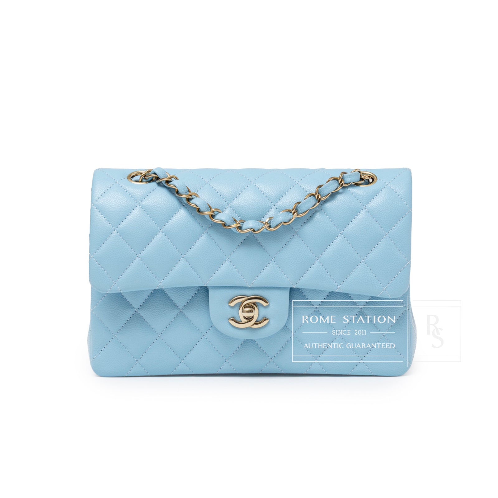 Chanel Small Classic Flap Bag Blue Caviar Light Gold Hardware