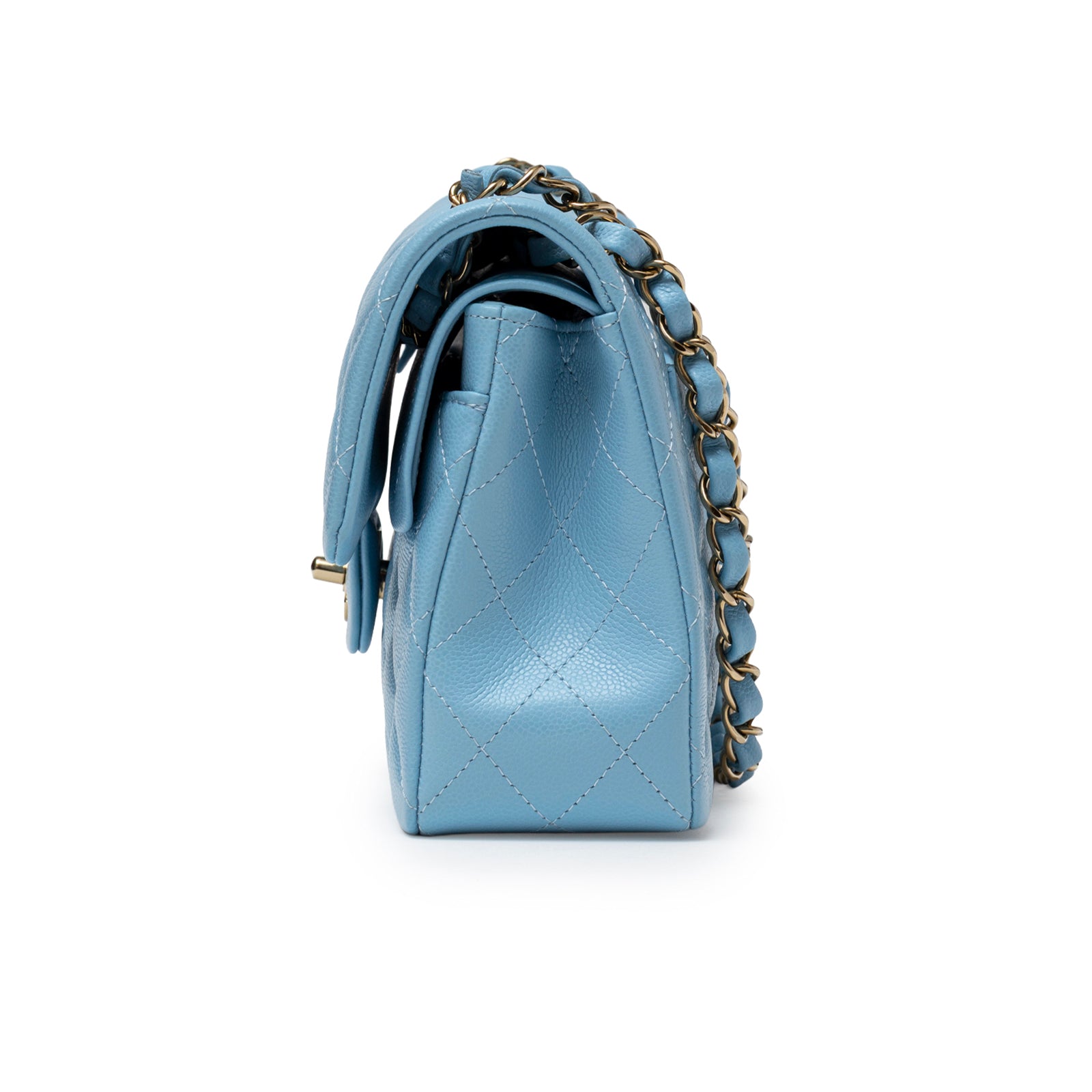 Side view of Chanel Small Classic Flap Bag Blue Caviar Light Gold Hardware with quilted leather and chain strap