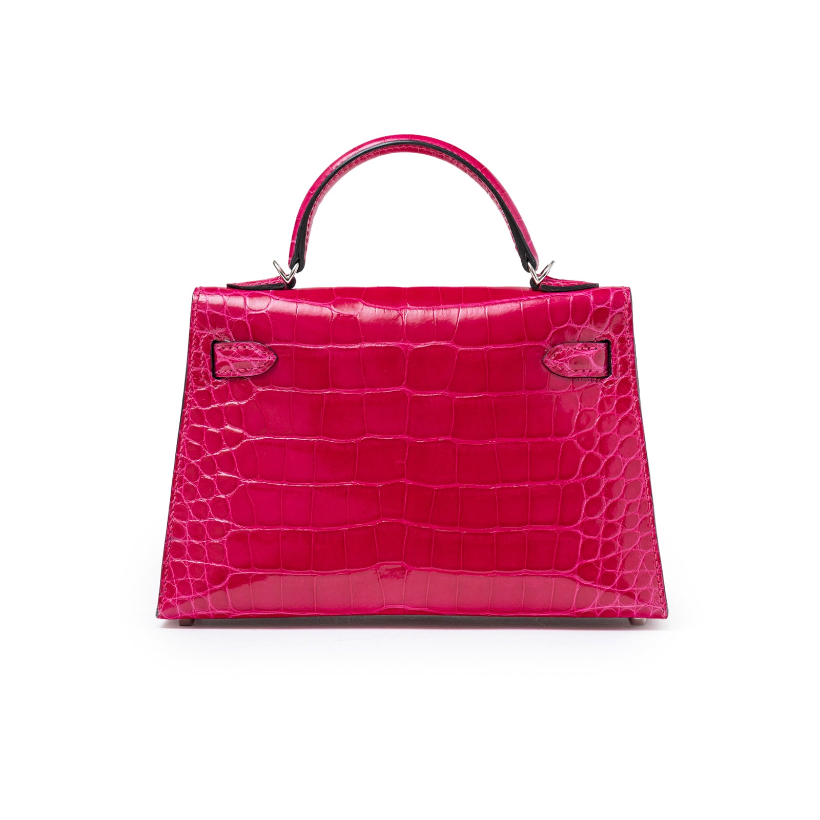 Back view of Hermès Mini Kelly II Sellier 20 Rose Mexico Shiny Alligator Palladium Hardware handbag showing glossy textured leather and handle detail