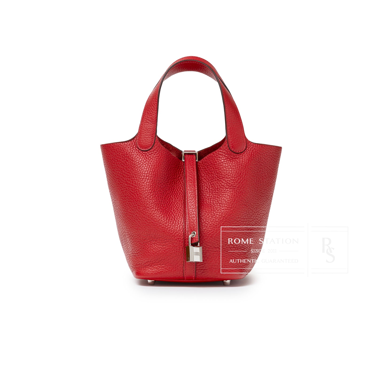 Front view of Hermès Picotin 18 Rouge Casaque Clemence Palladium Hardware with lock and textured leather