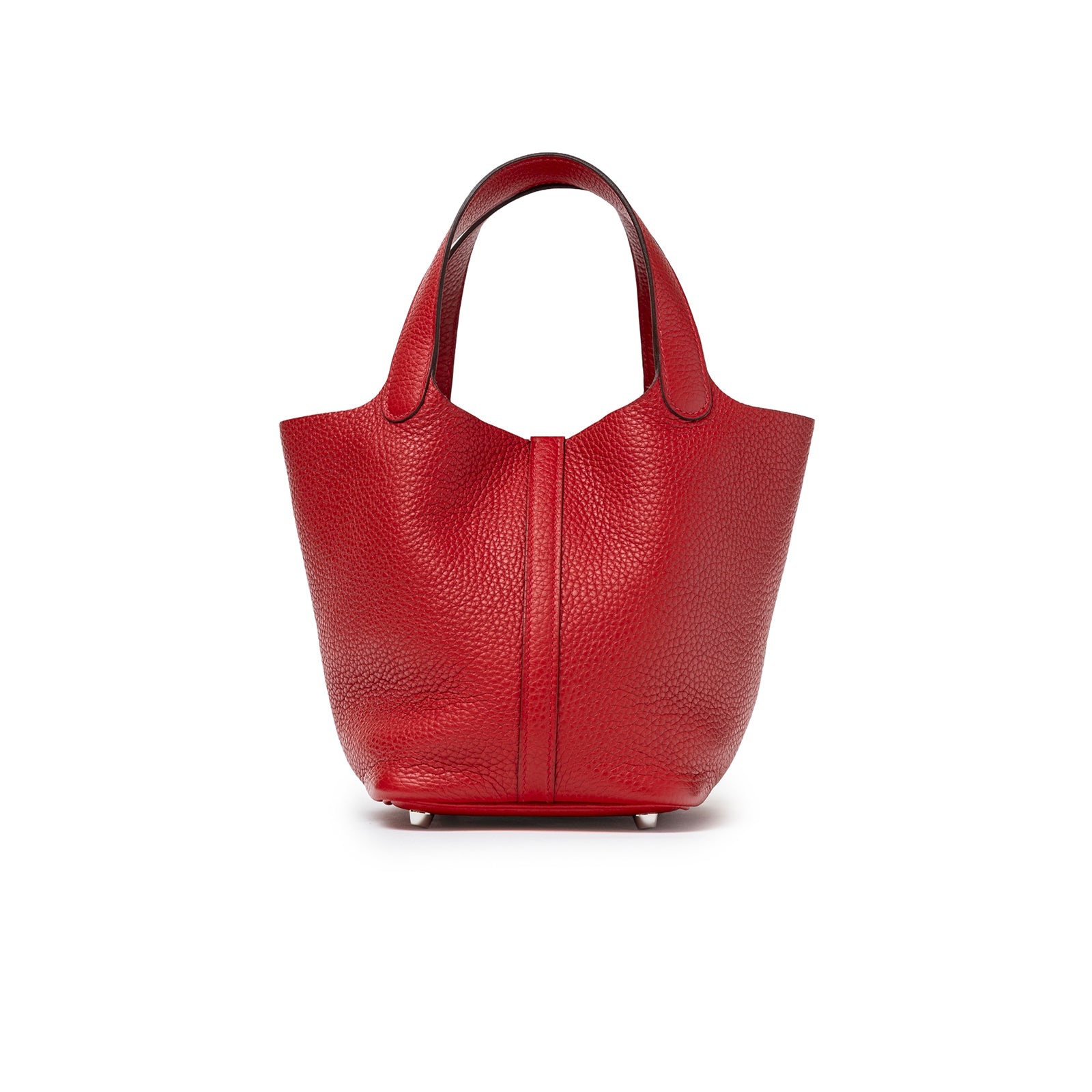 Back view of Hermès Picotin 18 Rouge Casaque Clemence Palladium Hardware showing textured leather and handles