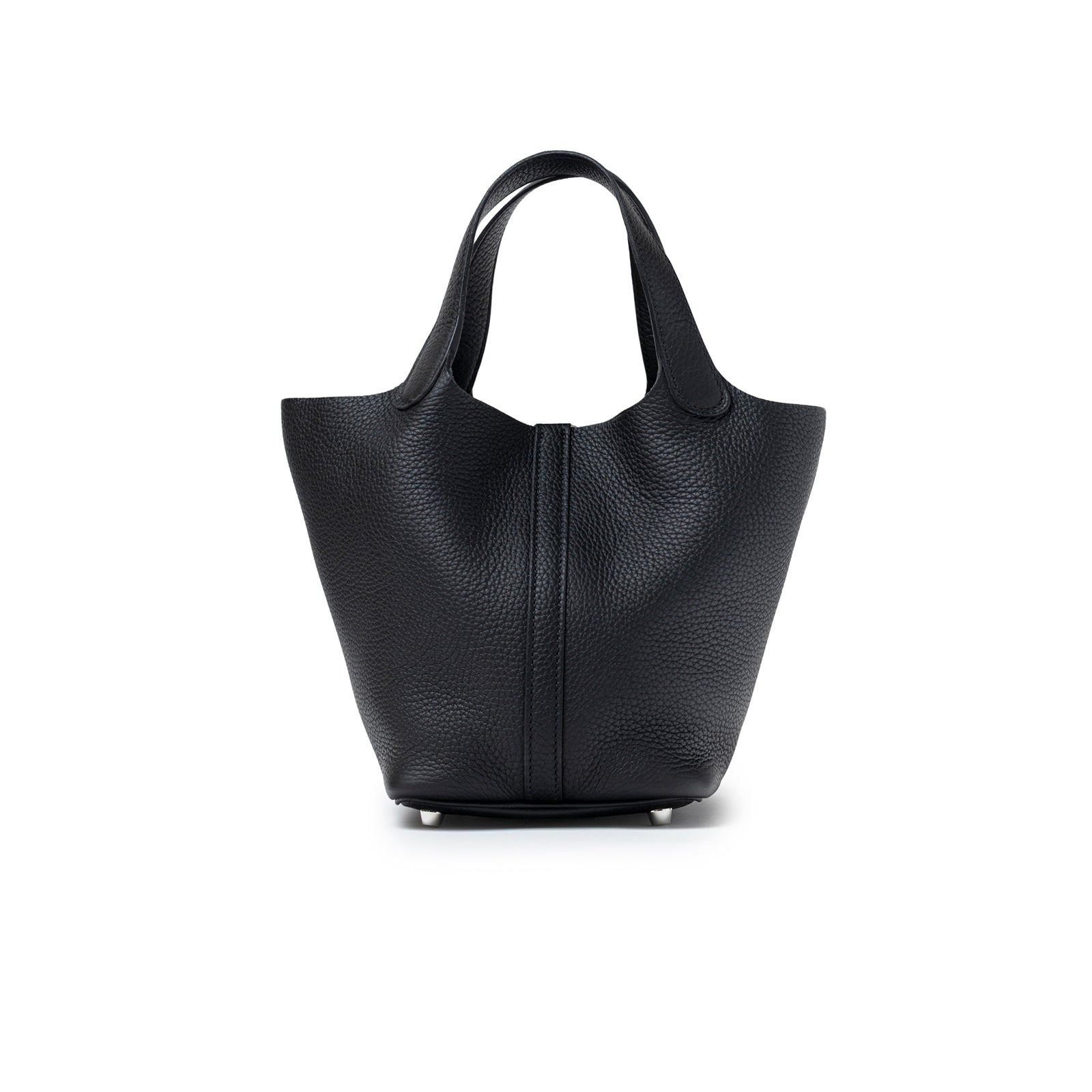 Back view of Hermès Picotin 18 Black Clemence Palladium Hardware showing textured leather and dual handles