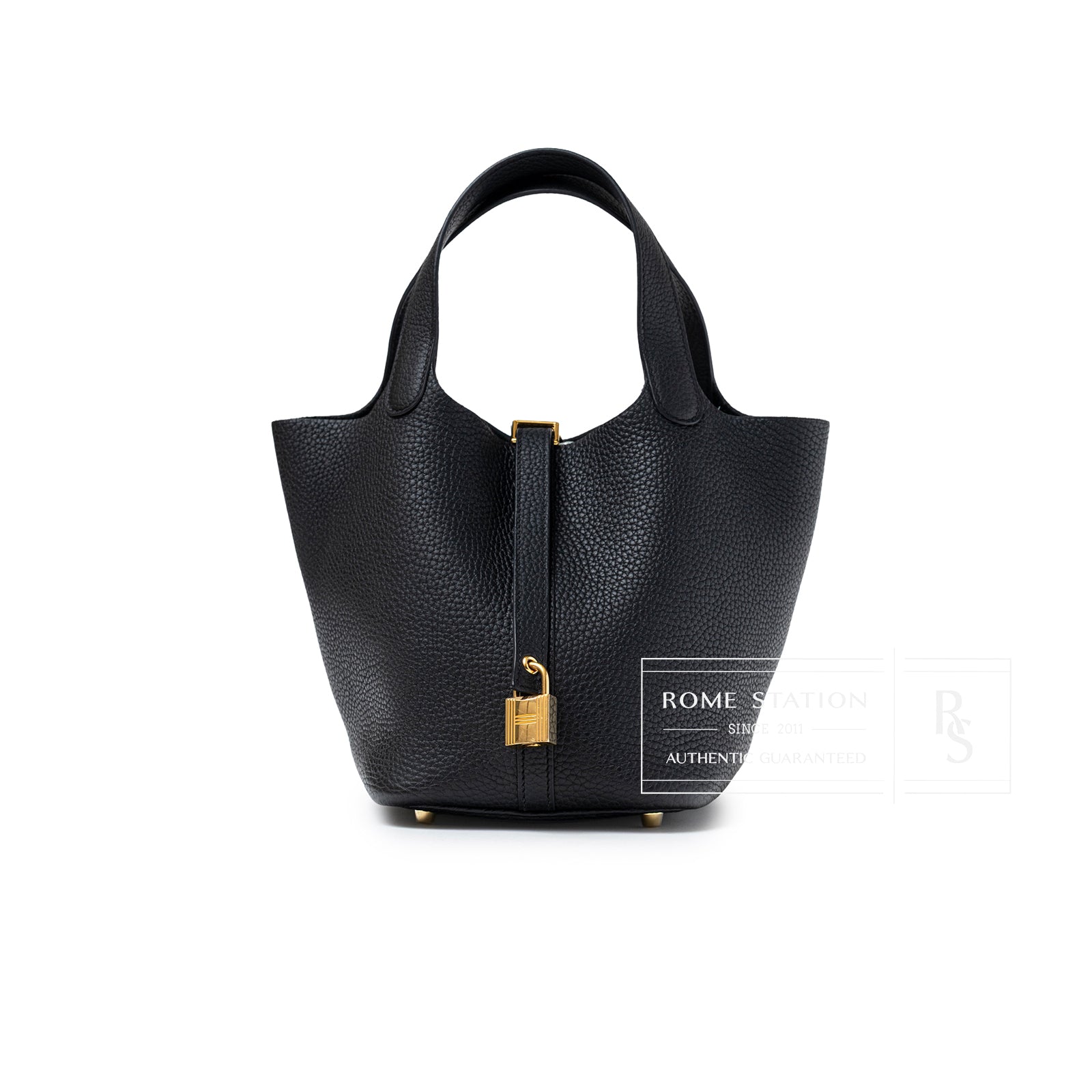 Front view of Hermès Picotin 18 Black Clemence Gold Hardware showing textured leather and padlock detail