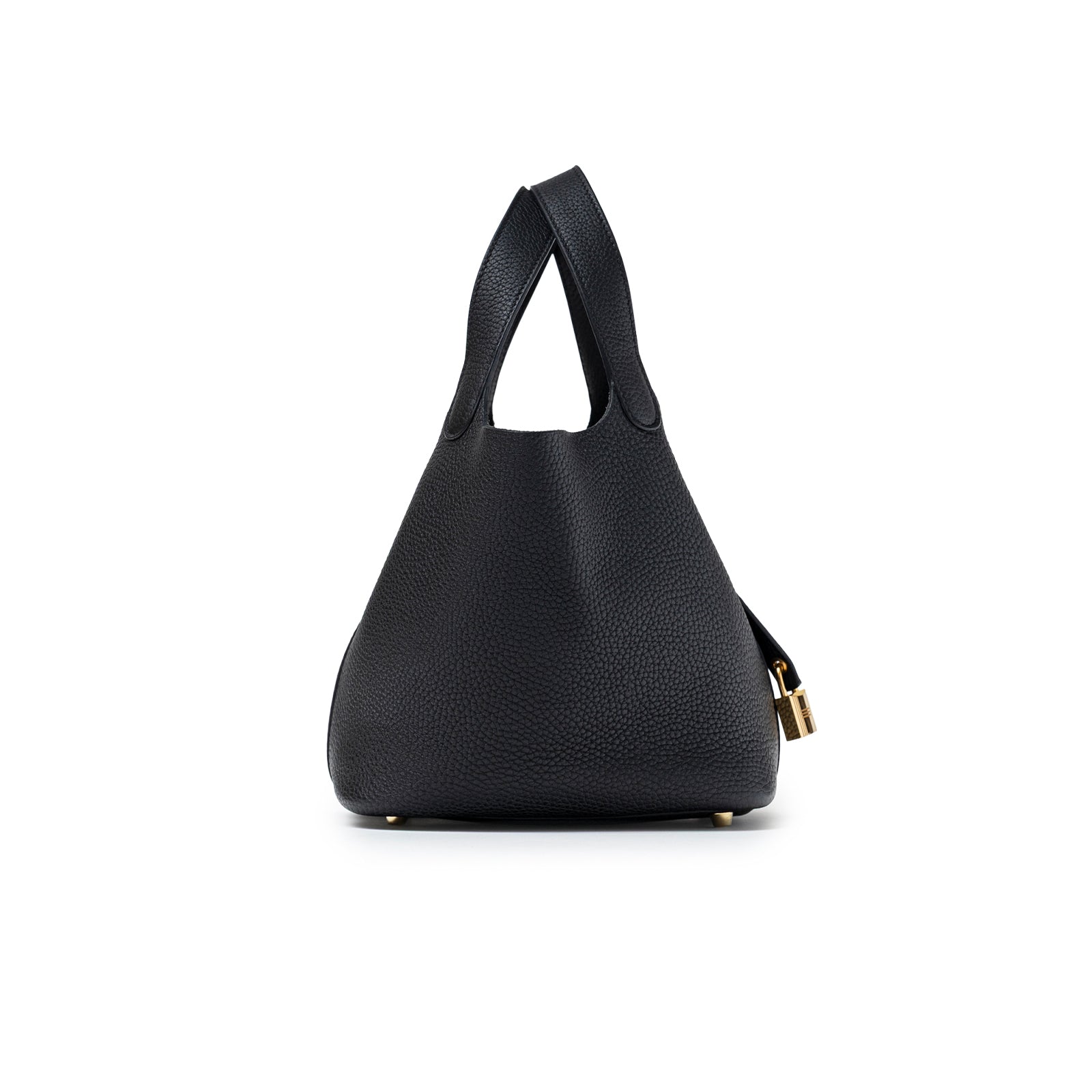 Side view of Hermès Picotin 18 Black Clemence Gold Hardware showing textured leather and gold lock detail