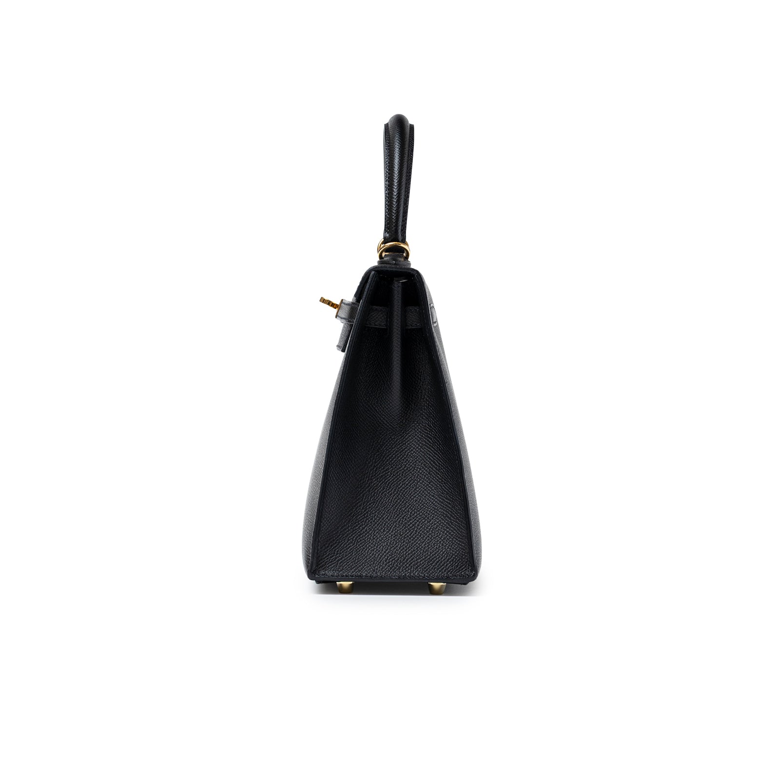 Side view of Hermès Kelly Sellier 25 Black Epsom Gold Hardware showing structured silhouette and textured leather
