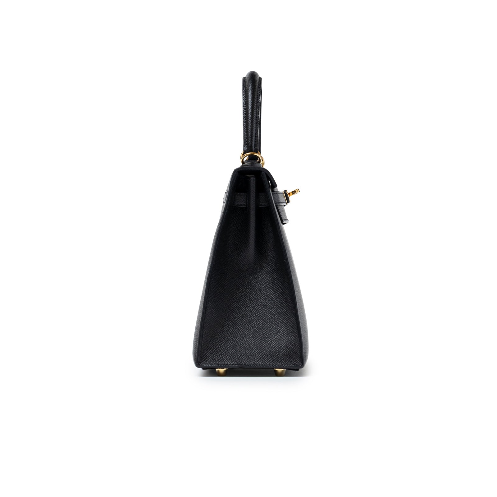 Side profile of Hermès Kelly Sellier 25 Black Epsom Gold Hardware showing structured shape and smooth leather texture