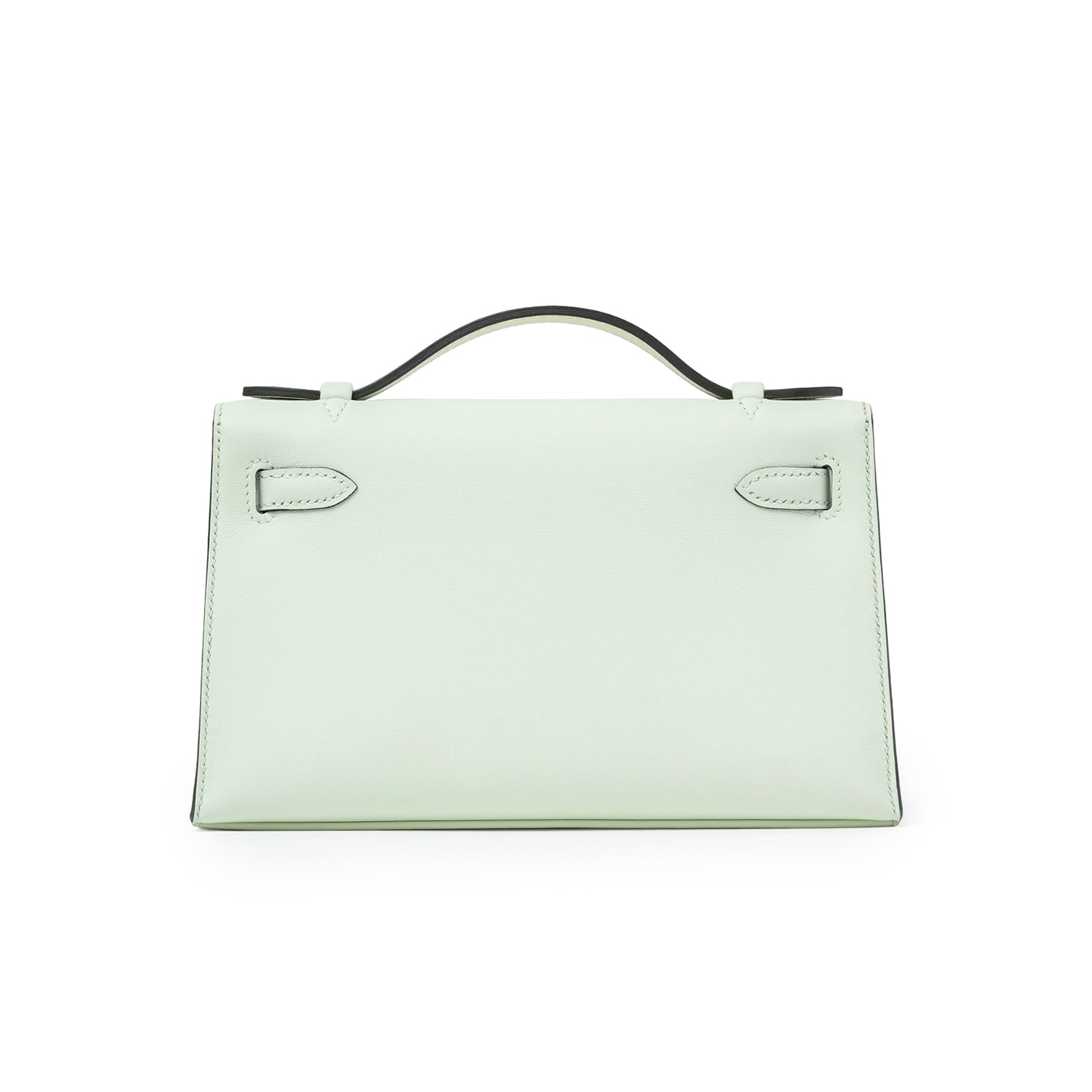 Back view of Hermès Kelly Pochette Vert Fizz Swift Palladium Hardware showing smooth leather and top handle detail
