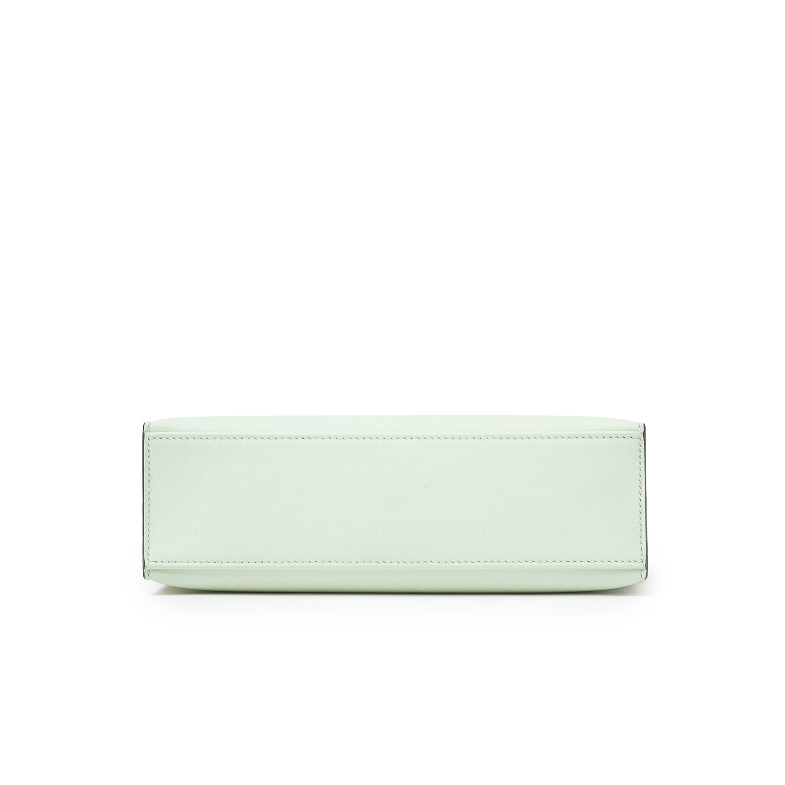 Bottom view of Hermès Kelly Pochette Vert Fizz Swift Palladium Hardware showing smooth leather base and stitching details