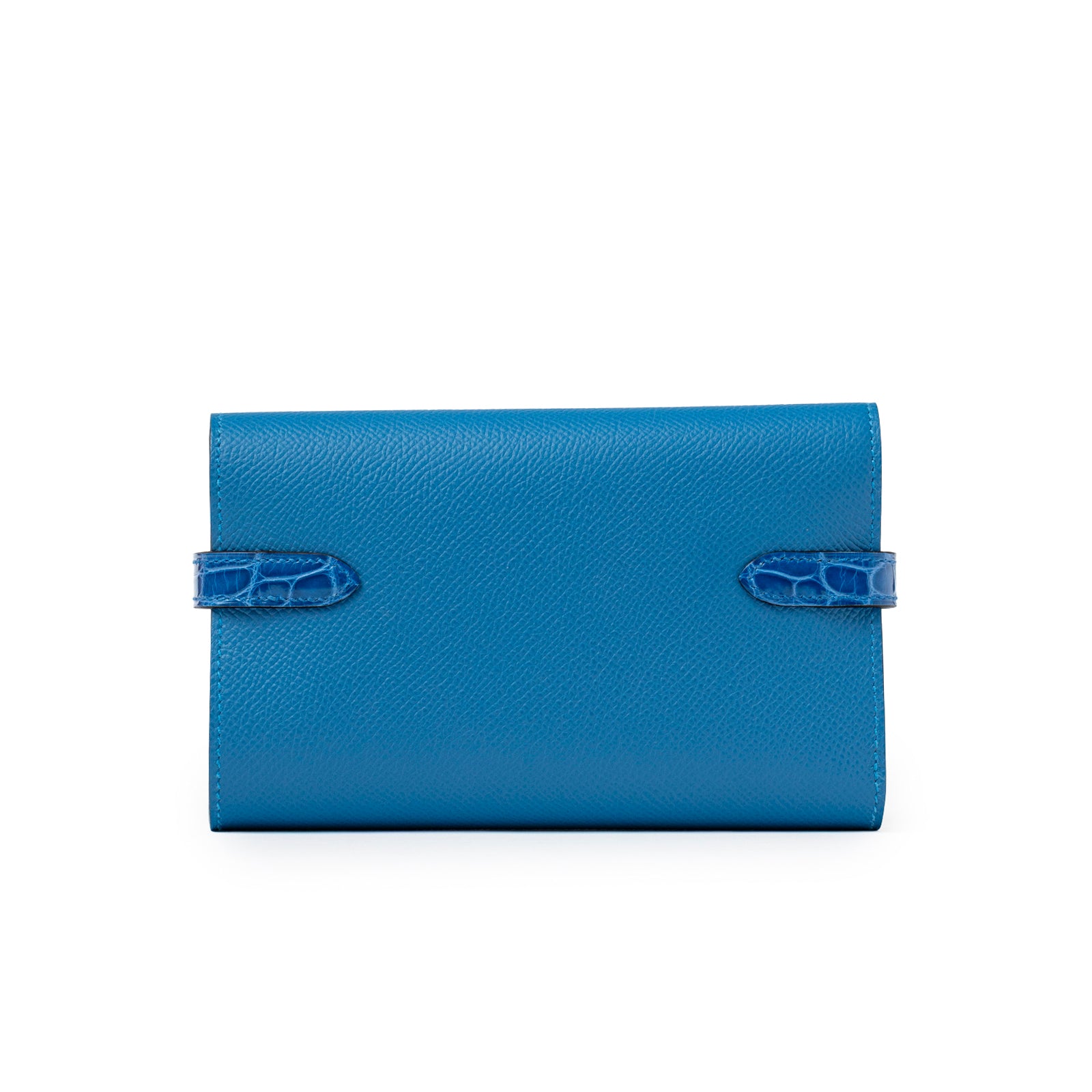 Back view of Hermès Kelly Depliant Medium Wallet Touch Mykonos Blue Zellige Shiny Alligator Epsom Palladium Hardware showing smooth leather surface