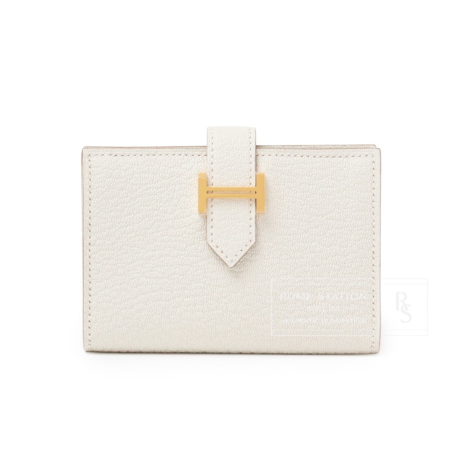 Front view of Hermès Mini Bearn Wallet Beton Chevre Mysore Gold Hardware showing textured leather and clasp detail
