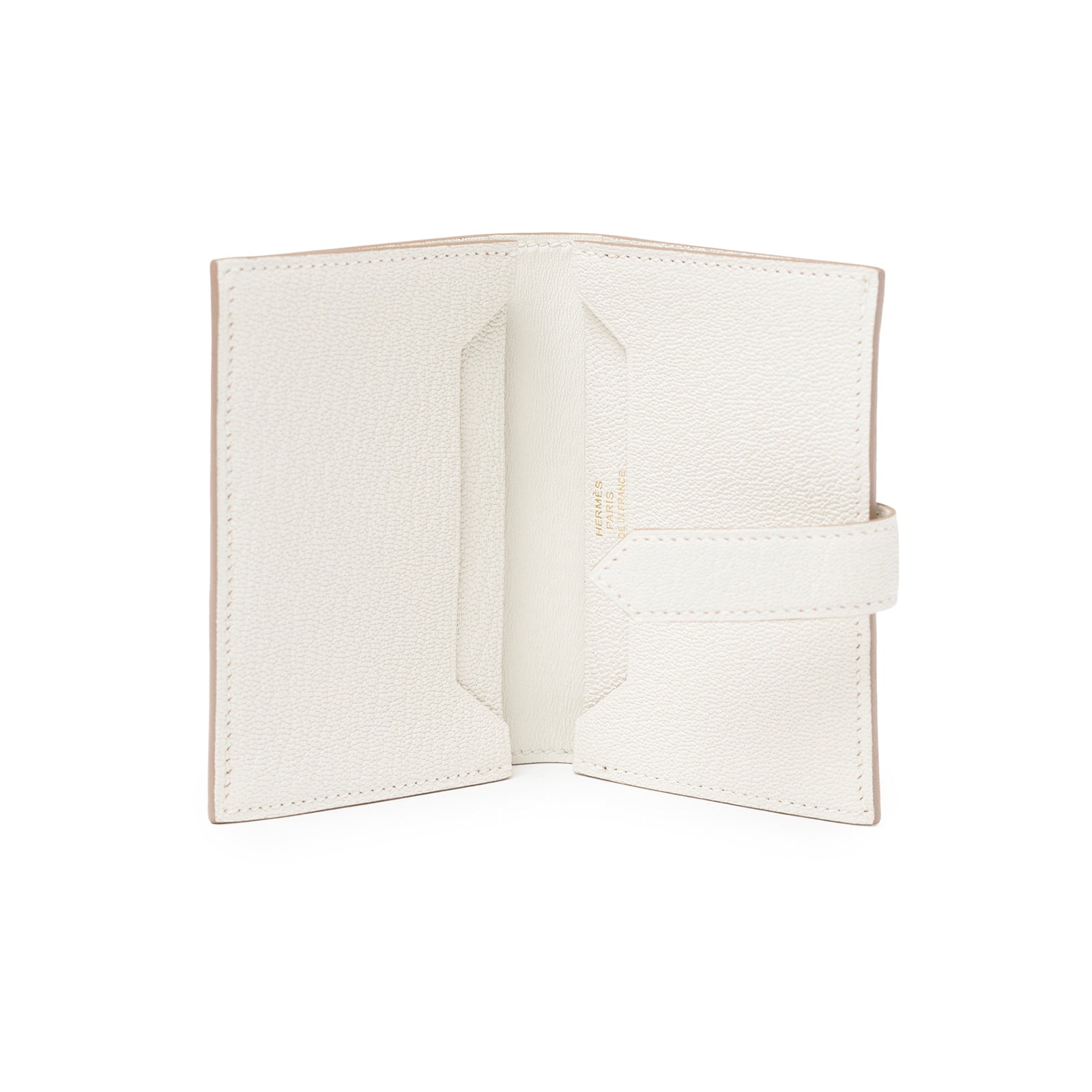 Open view of Hermès Mini Bearn Wallet Beton Chevre Mysore Gold Hardware showing interior card slots and strap closure